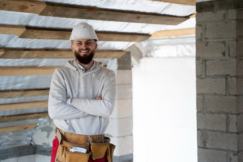 a man wearing a hard hat and a tool belt