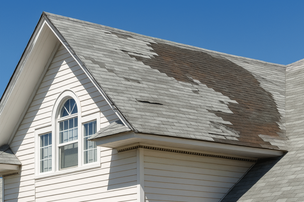 a house with a patch of dirt on the roof