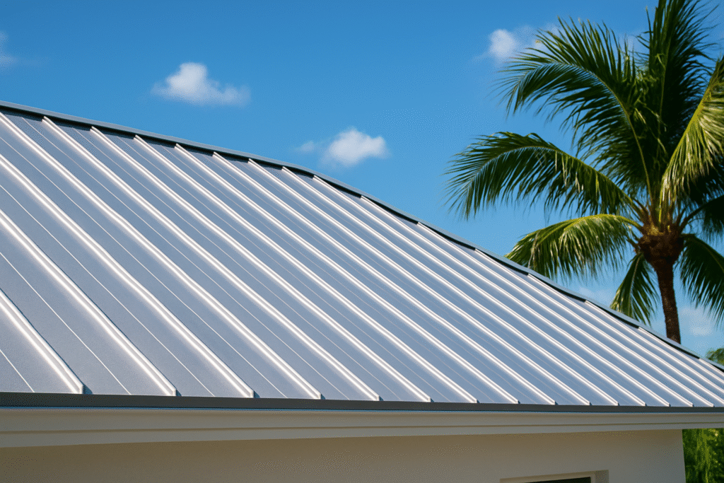 a roof of a South Floridan building with a palm tree in the background