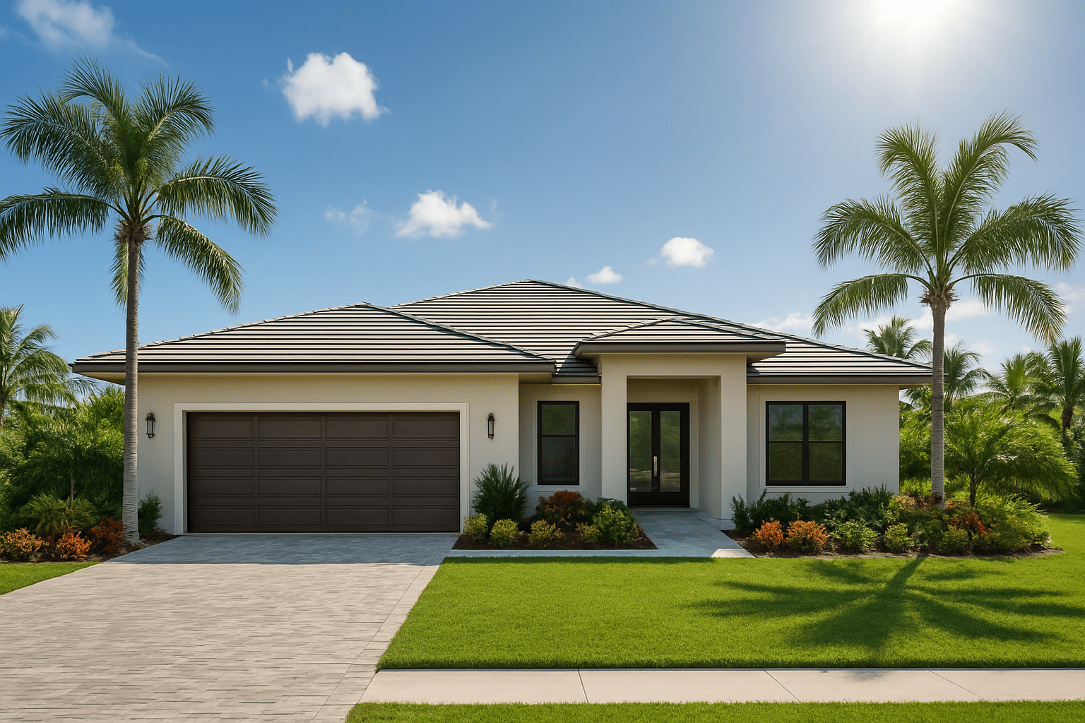 Modern home with tropical landscaping.