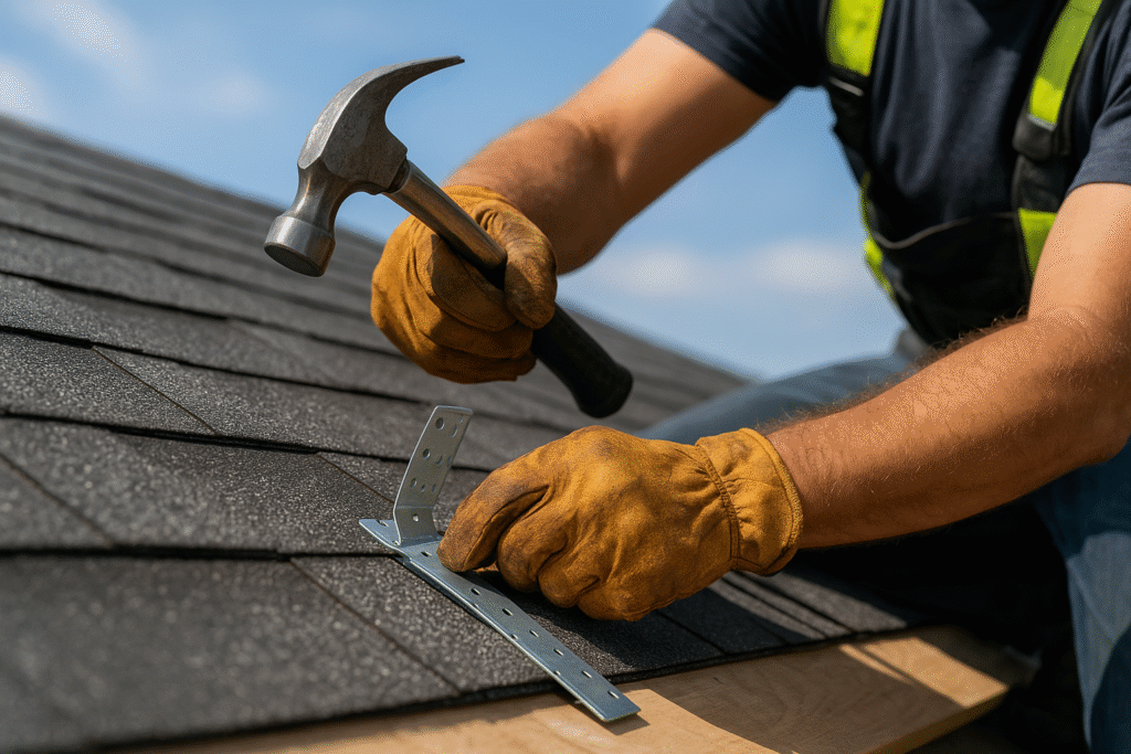 Worker installing roofing materials securely.