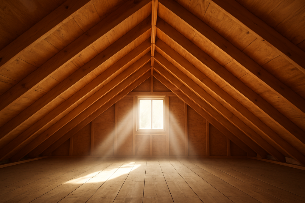 Empty attic with sunlight streaming in