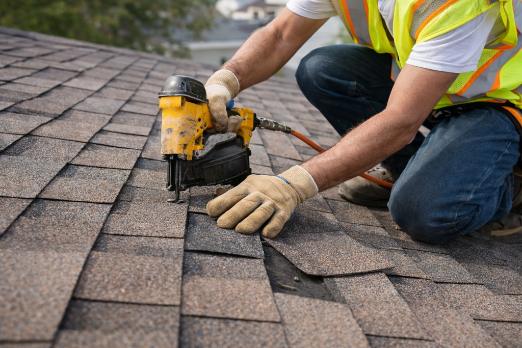 Person installing shingles on roof