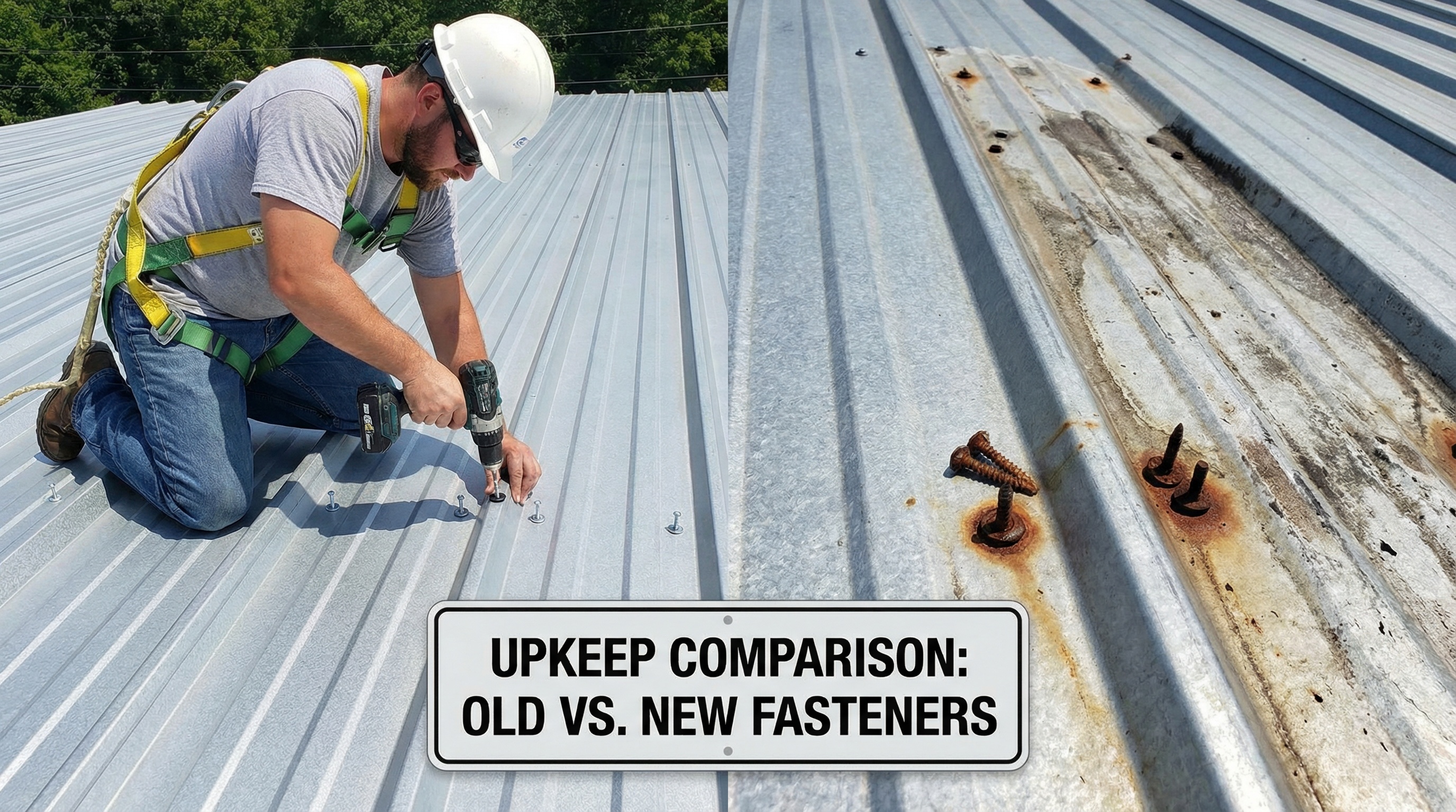 maintenance worker replacing fasteners on 5V roofing showing the difference in upkeep requirements