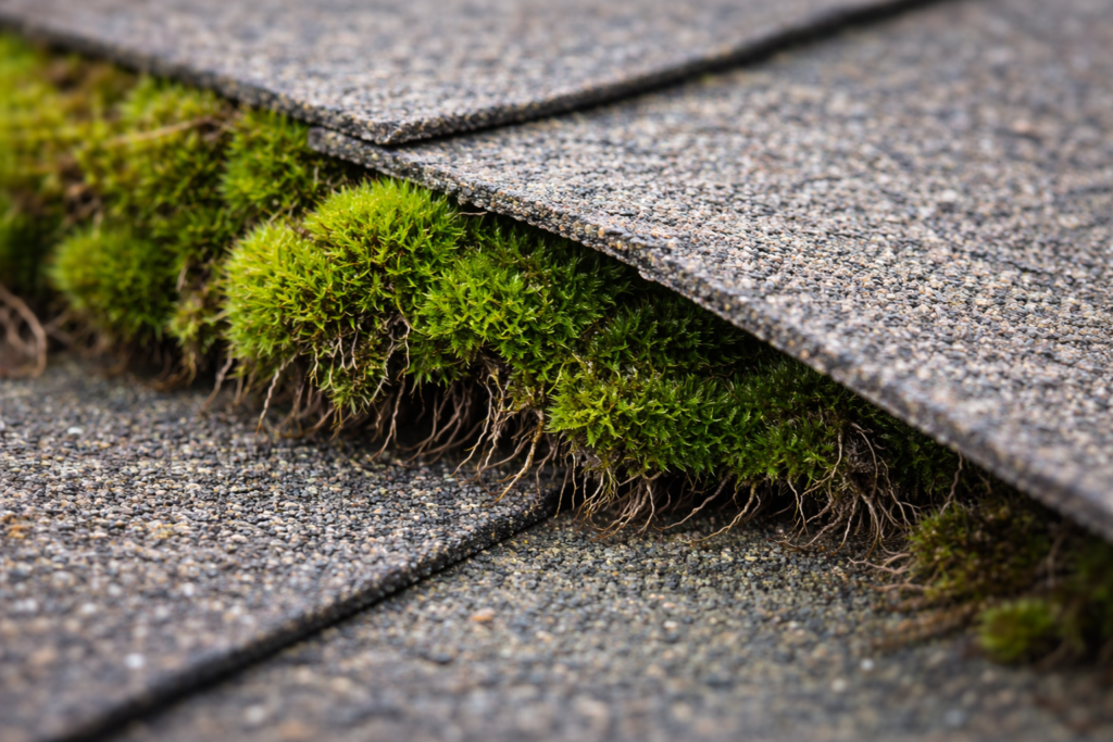 Moss growing under roof shingles