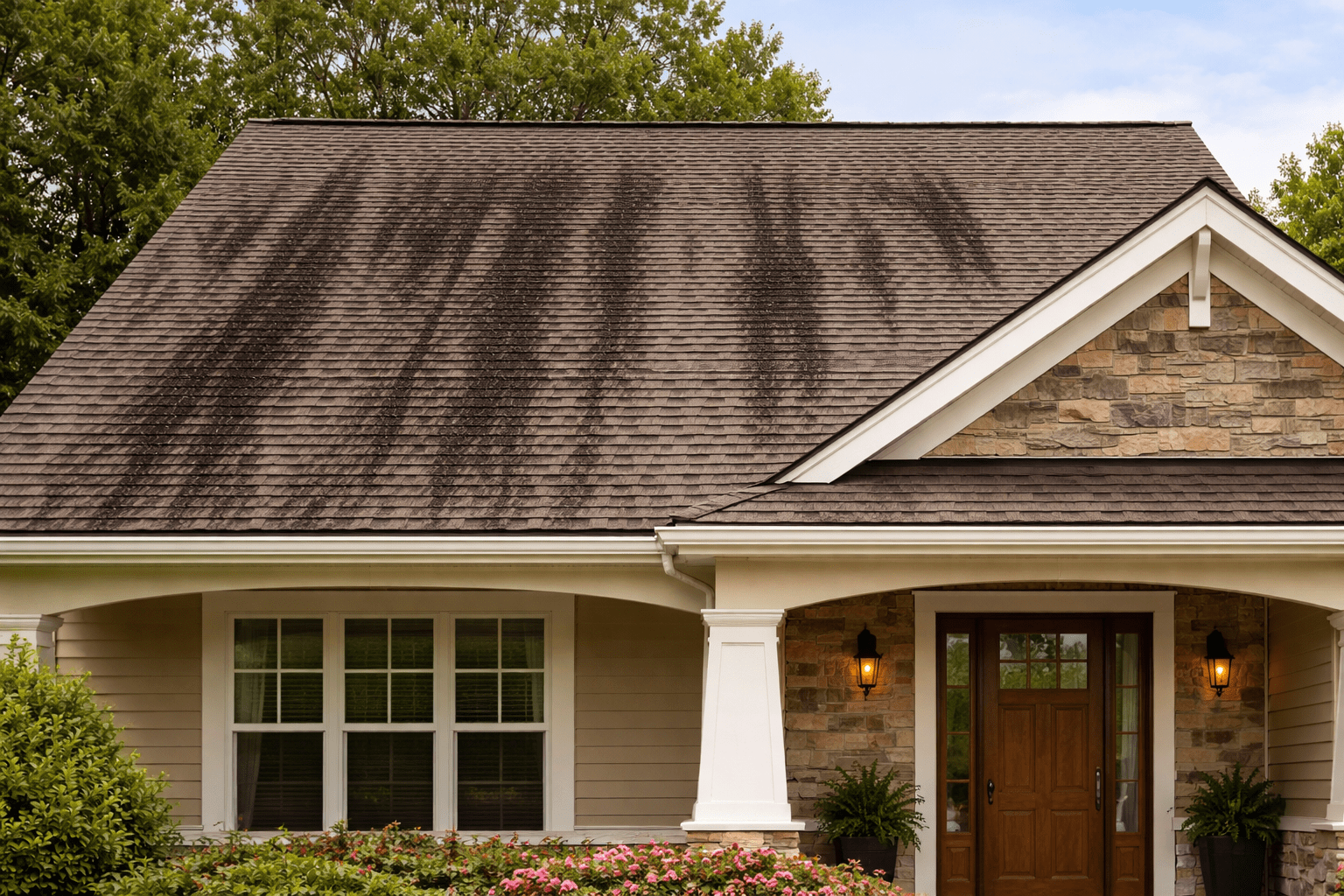 House with algae-stained roof shingles
