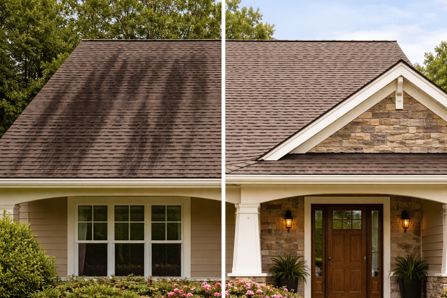Roof with dark stains and clean section