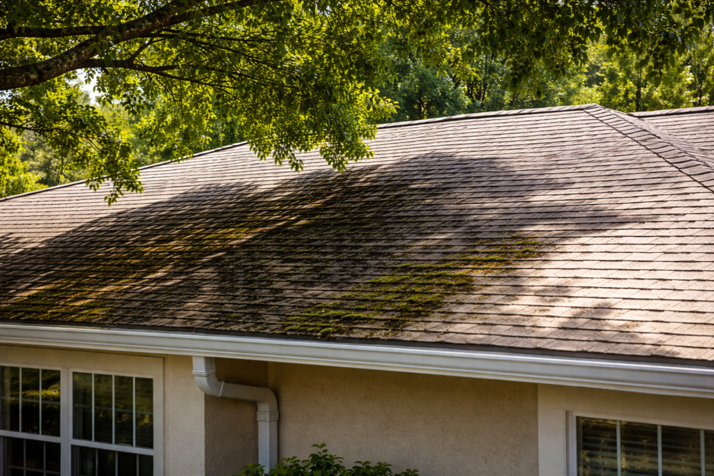 Roof covered in algae and moss