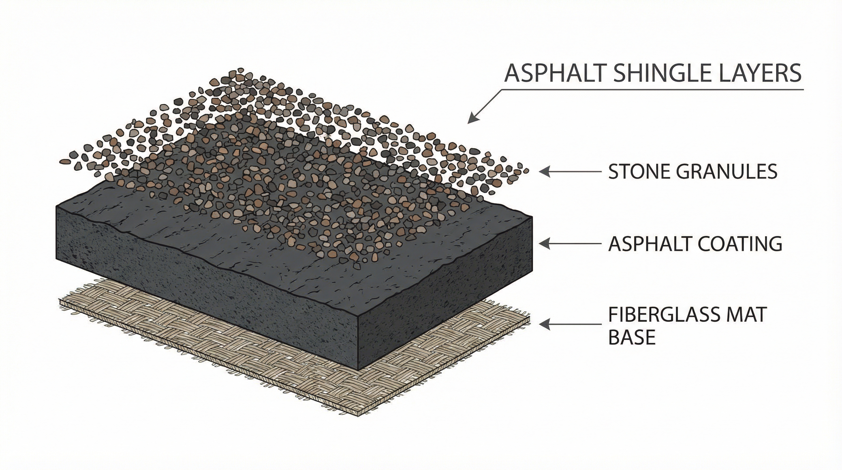 Asphalt shingle construction layers diagram showing fiberglass mat, asphalt coating, and stone granules