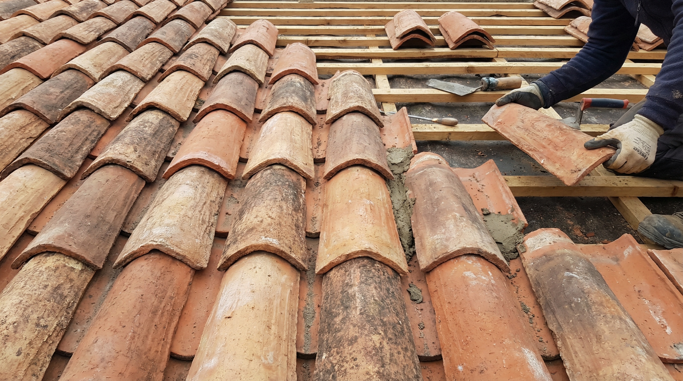 Close-up of barrel tile installation showing interlocking pattern