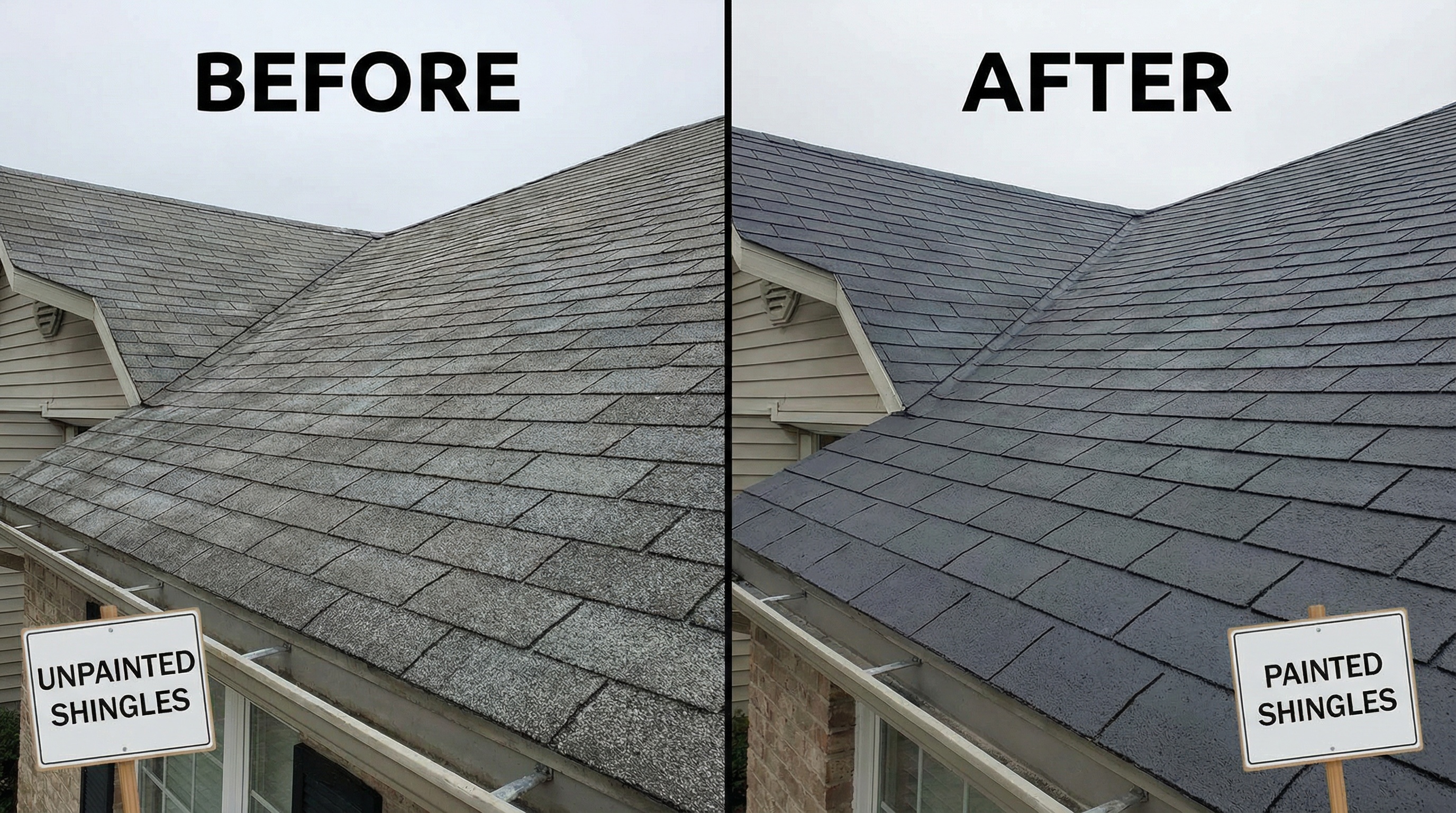 Before and after comparison of painted vs unpainted asphalt shingles