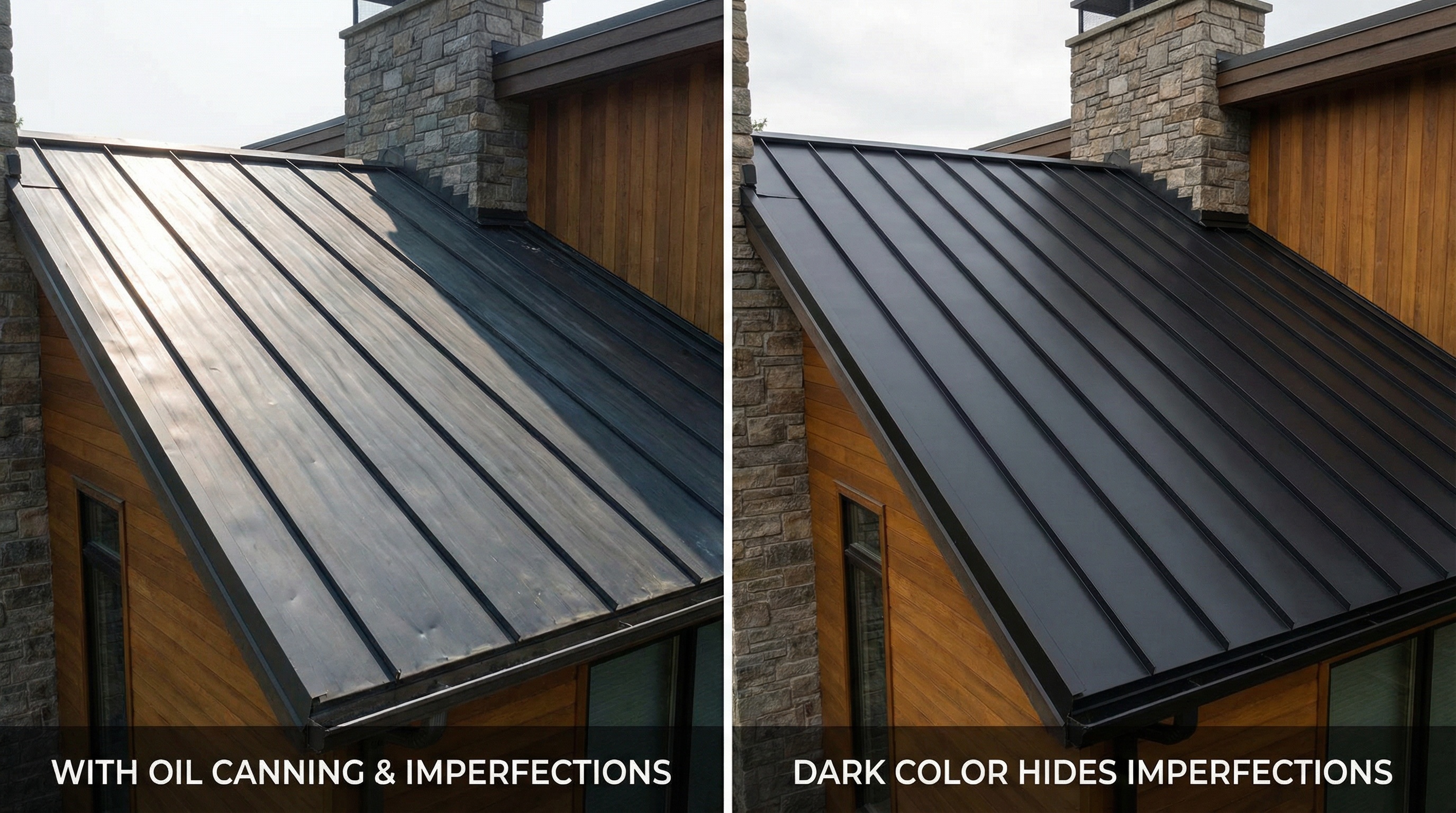 Black metal roof comparison showing hidden imperfections