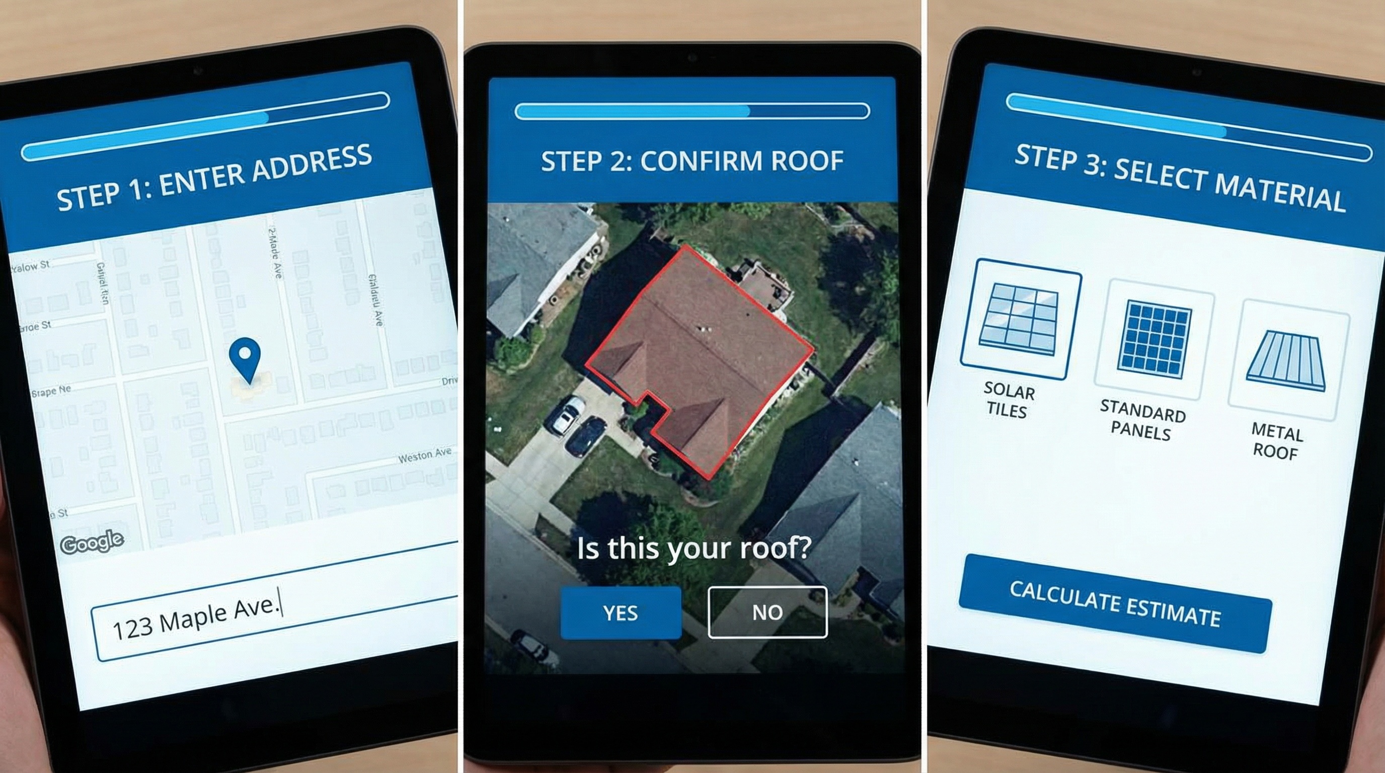 step-by-step calculator interface showing address entry, roof confirmation, and material selection
