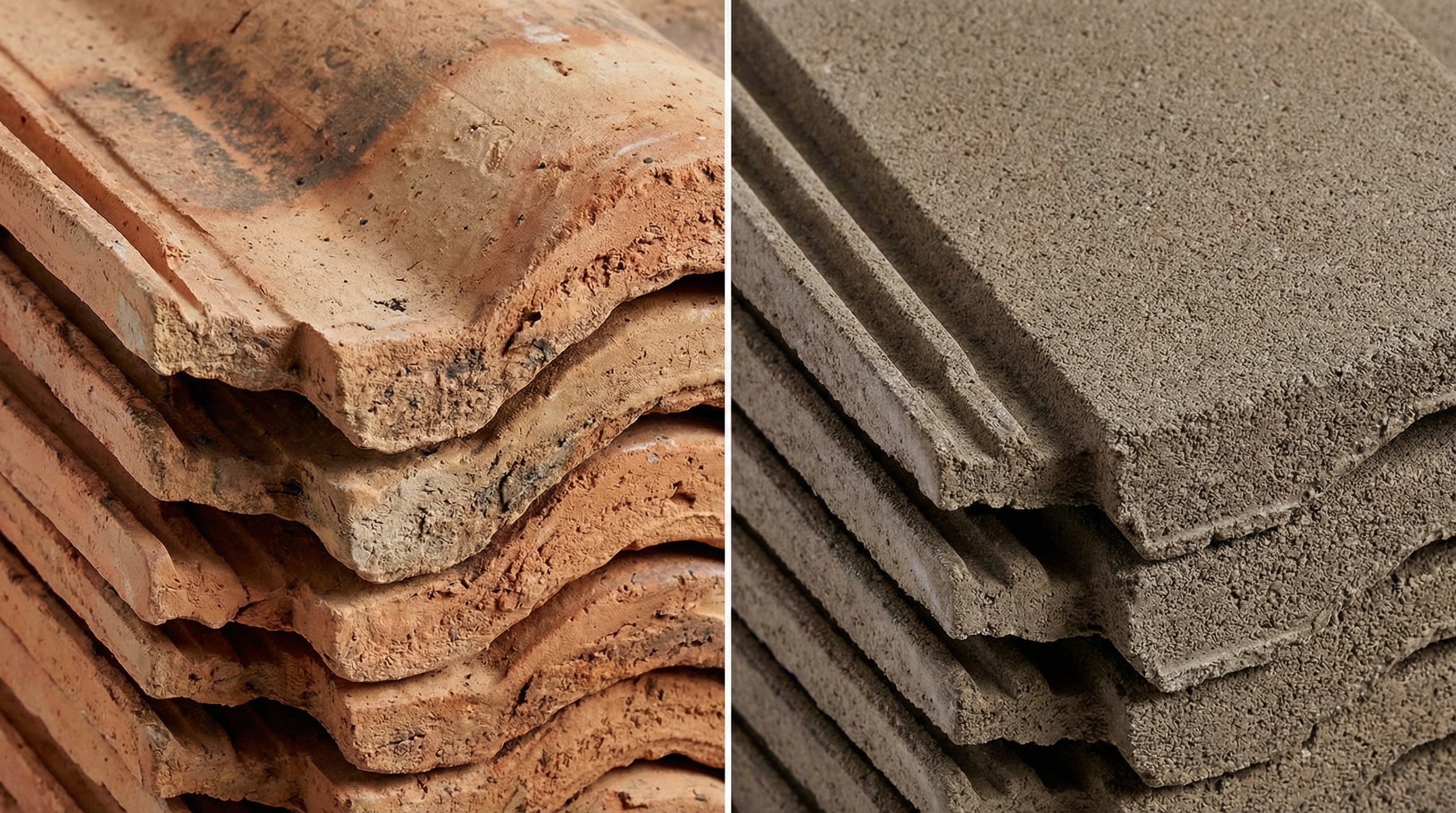 Side by side comparison of clay and concrete roof tiles texture detail