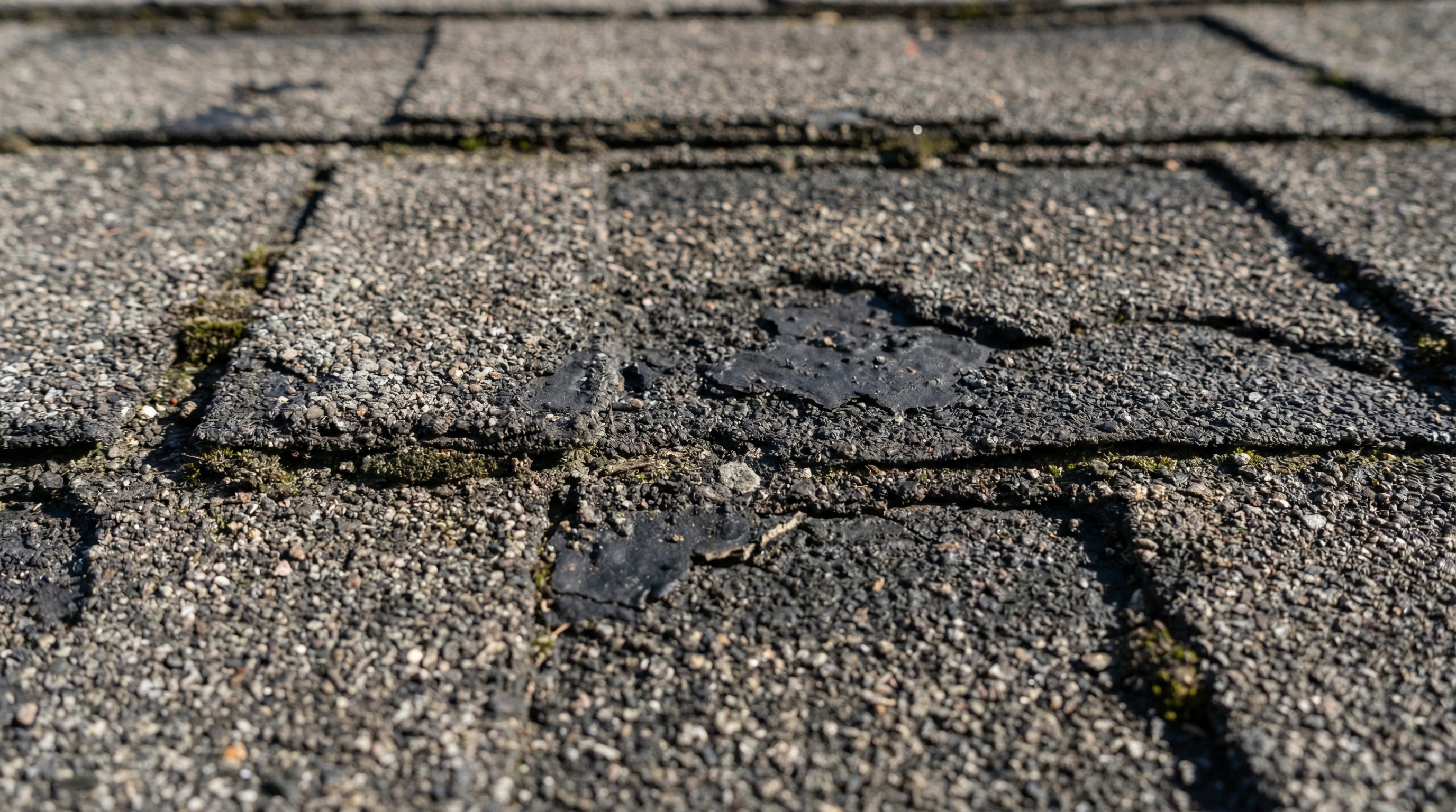 Close-up of weathered asphalt shingles showing granule loss