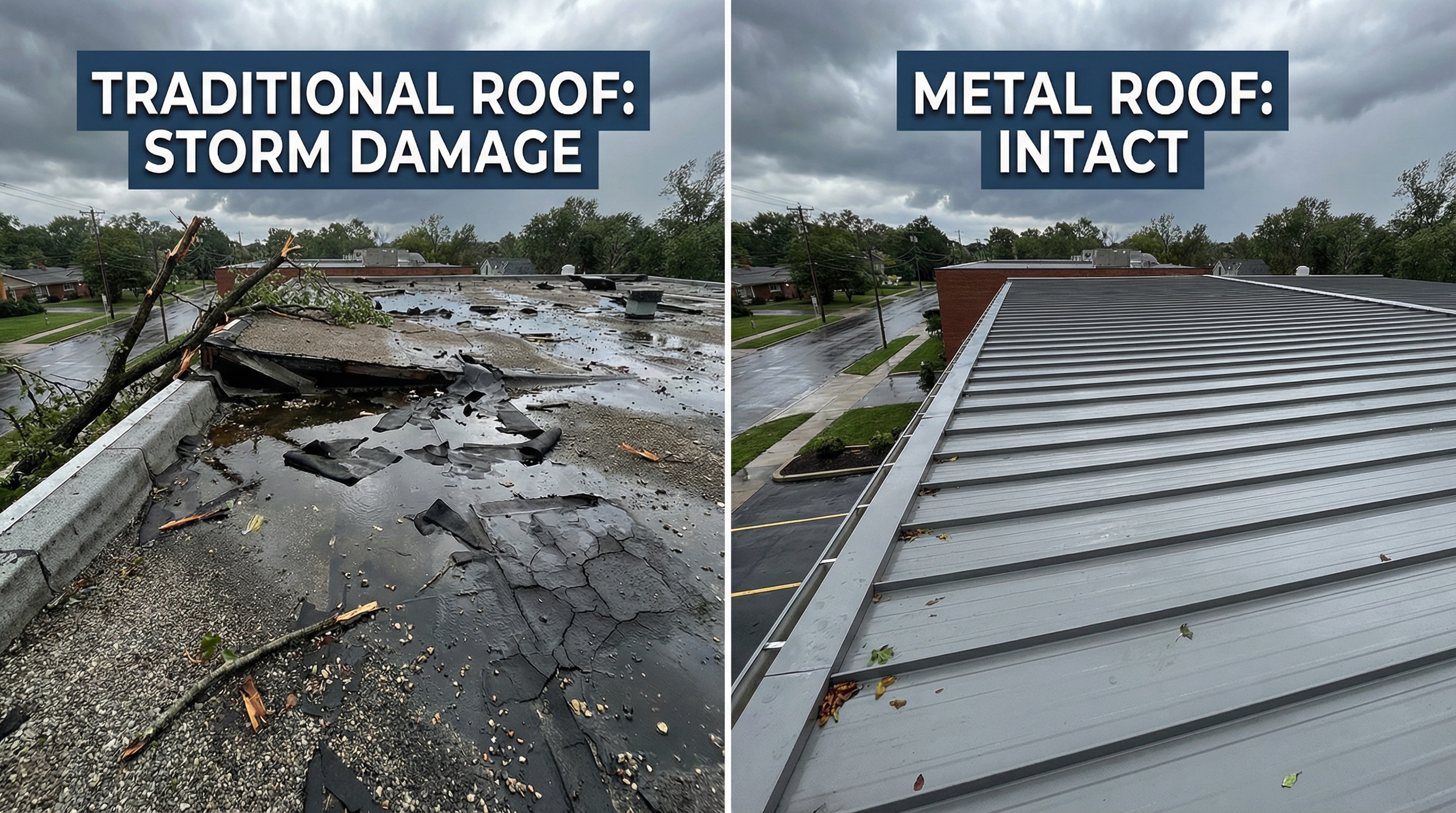 Comparison of traditional vs metal flat roof damage after storm
