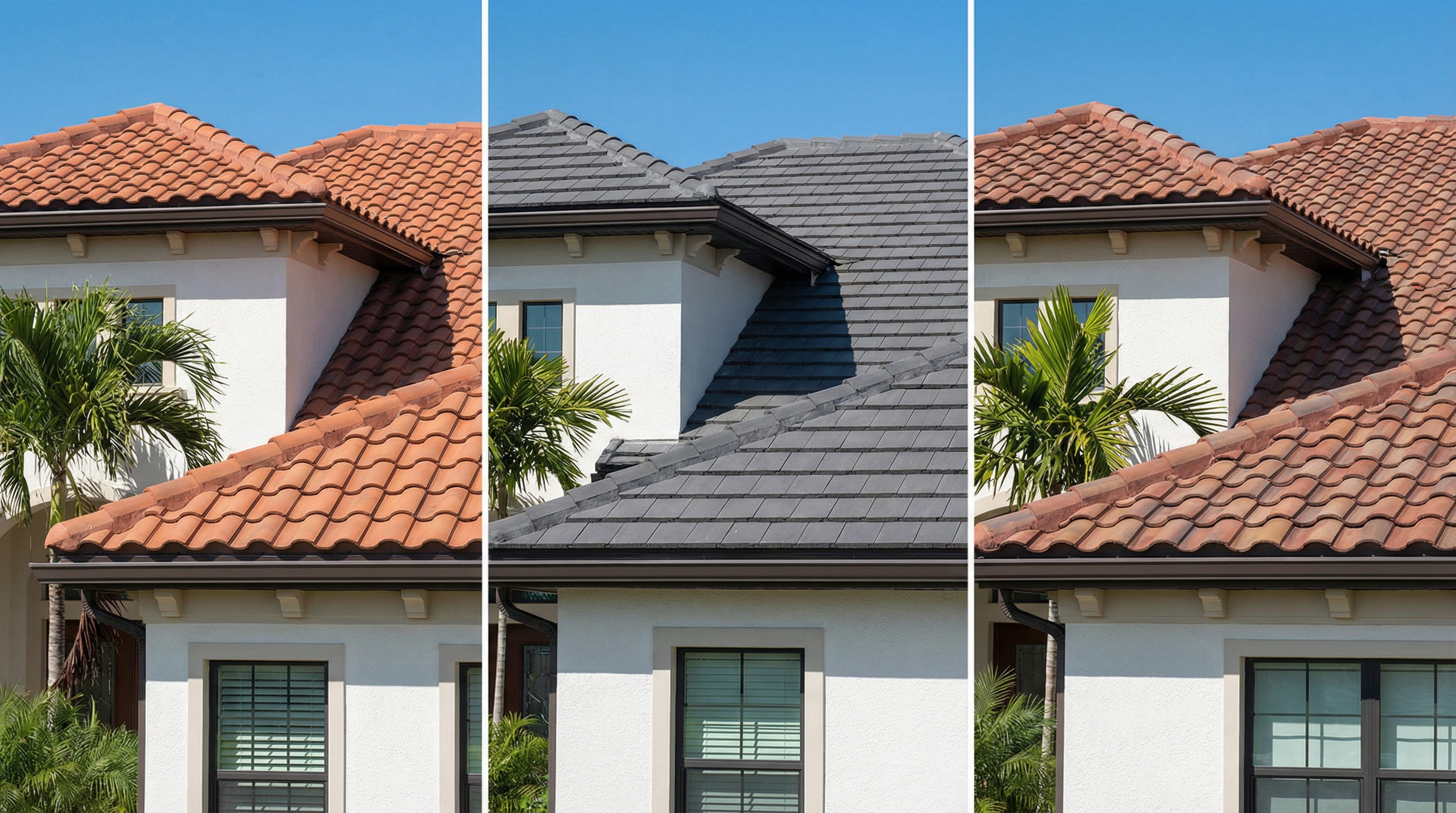 Comparison of different tile profiles on Florida homes showing barrel, flat, and French styles