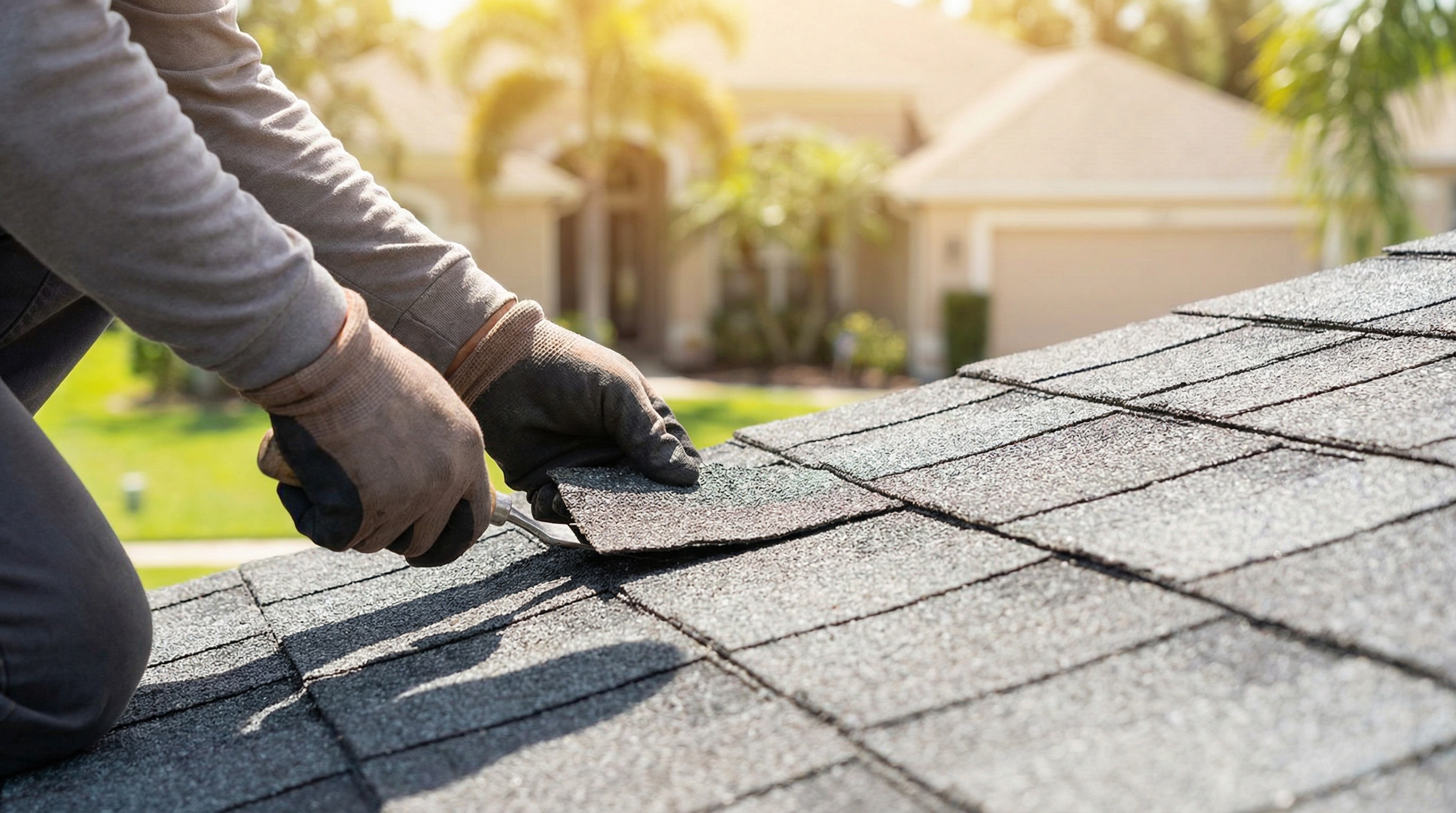 Composition roof maintenance in Florida climate showing professional inspection