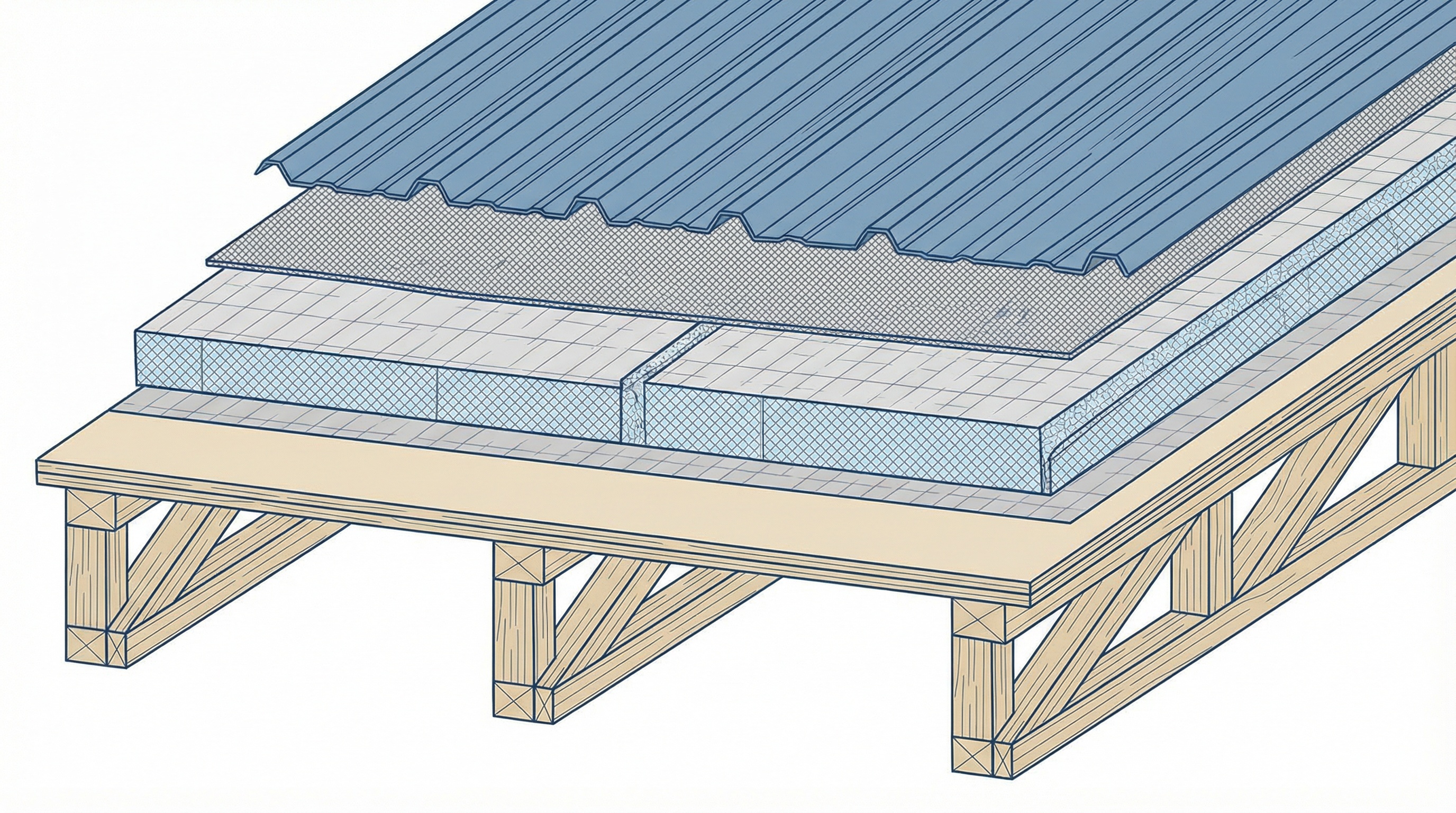 Cross-section of modern metal roof showing insulation layers