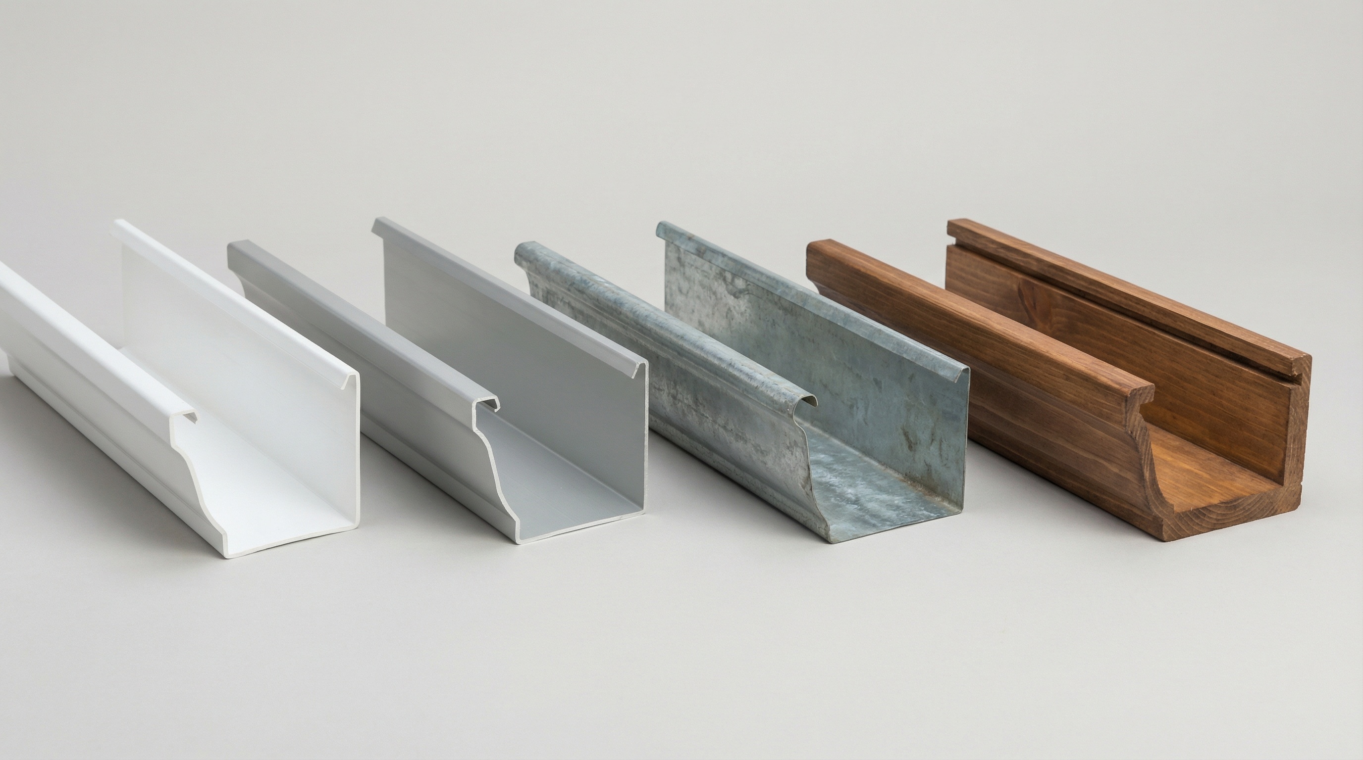 Comparison of different gutter materials available in Florida including vinyl, aluminum, steel and wood