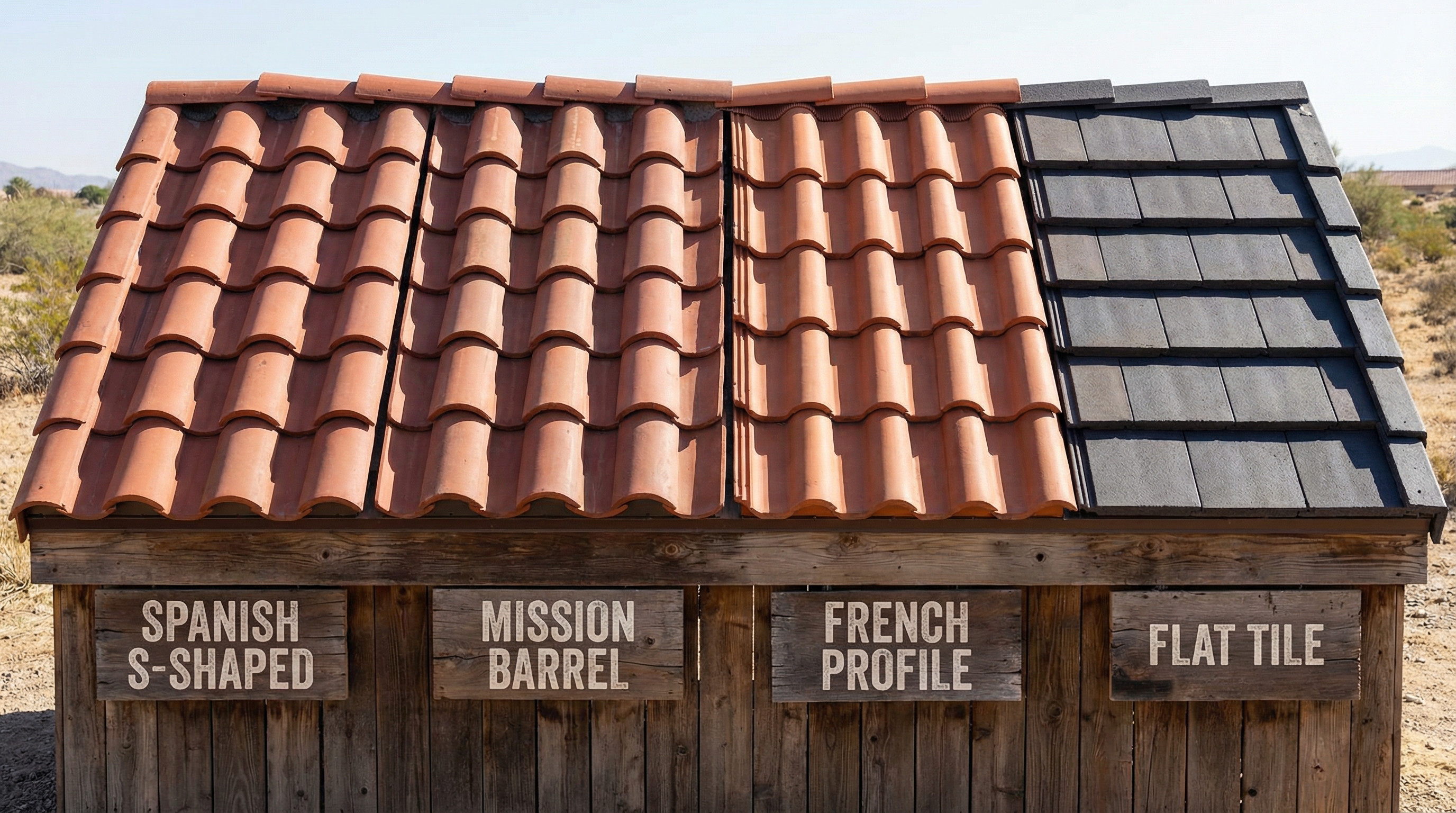 Different tile roof styles showing Spanish, Mission, French, and flat profiles comparison