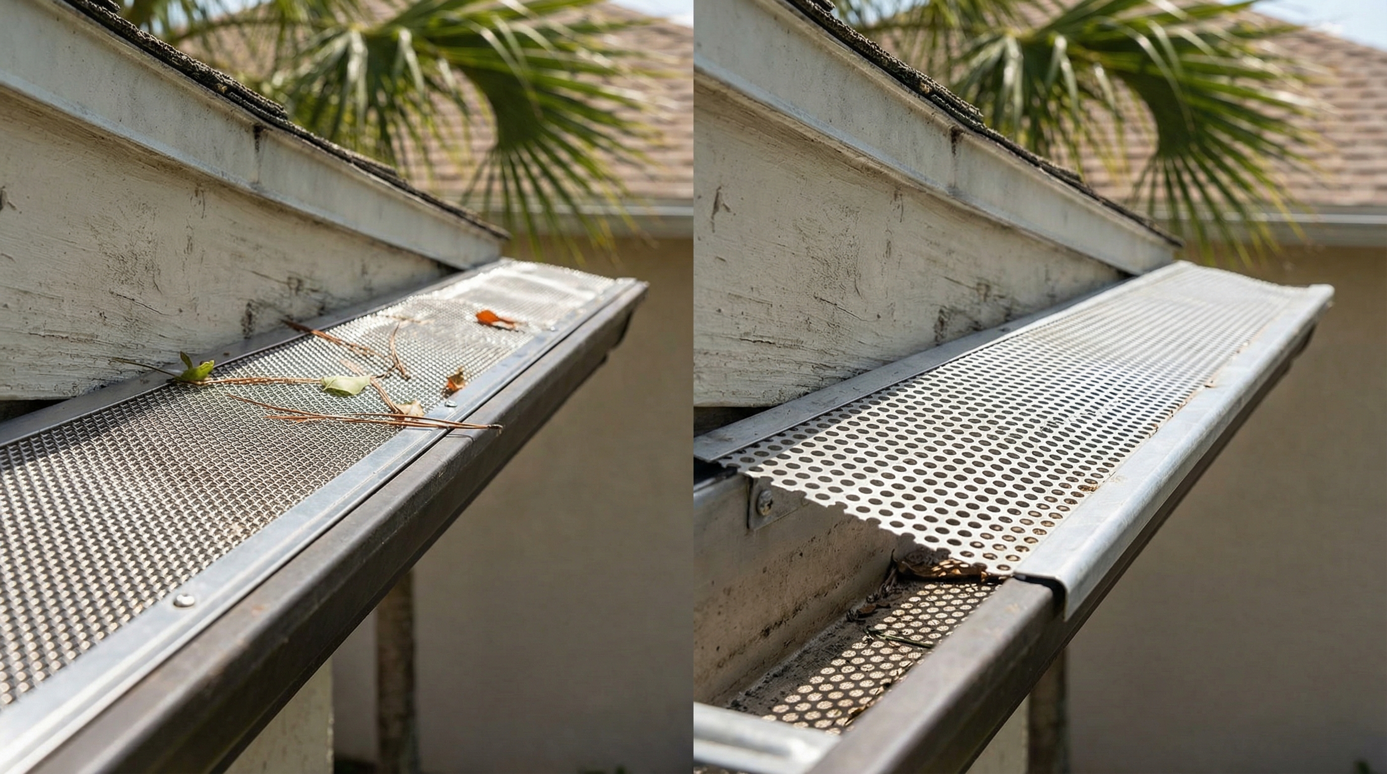 Different types of gutter guards comparison on a Florida home