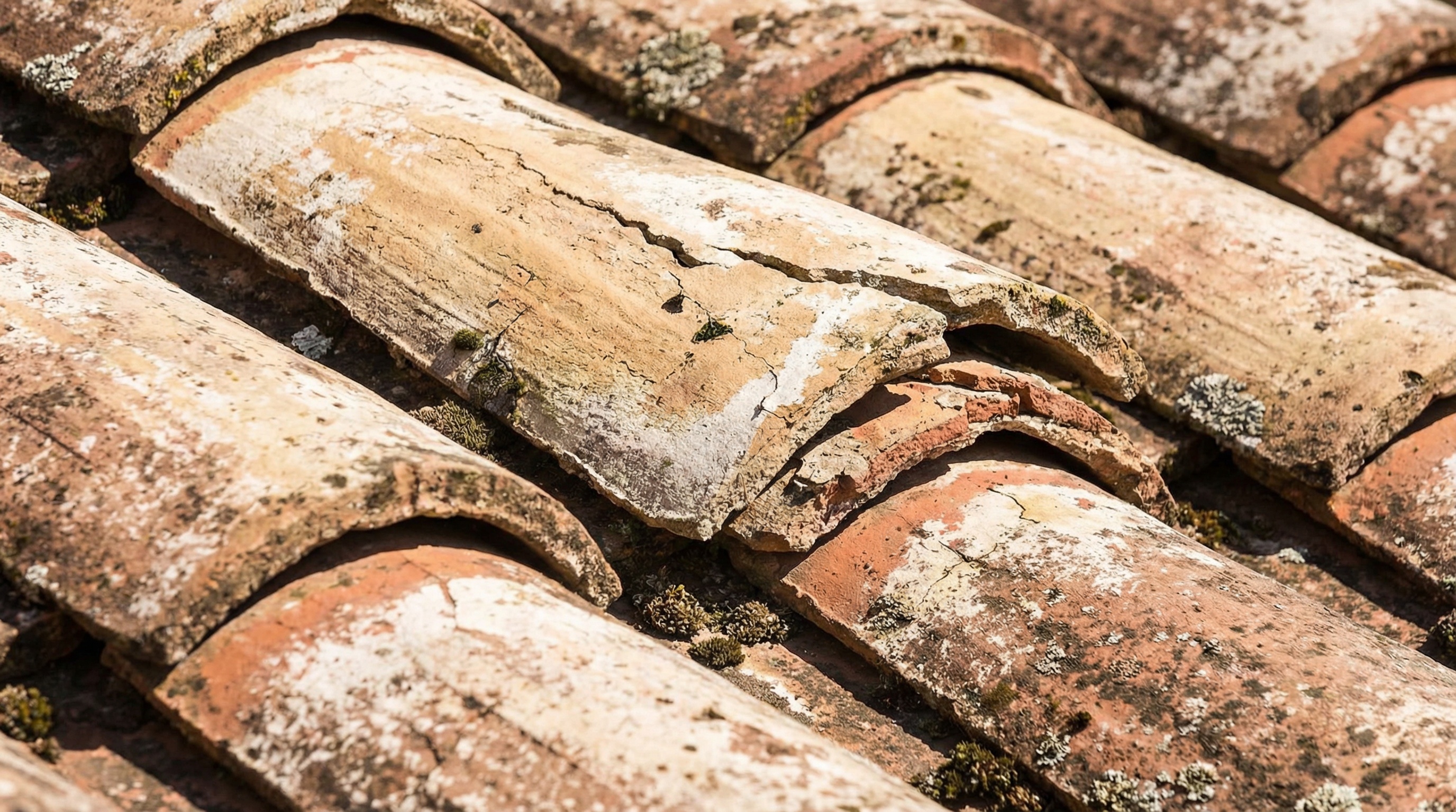 Close-up of faded concrete roof tiles showing sun bleaching damage