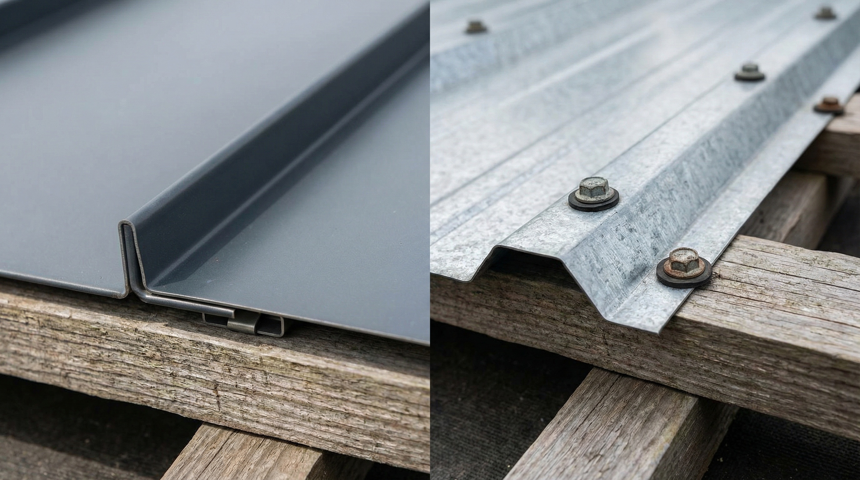 close-up detail showing hidden fasteners on standing seam vs exposed fasteners on 5V roofing