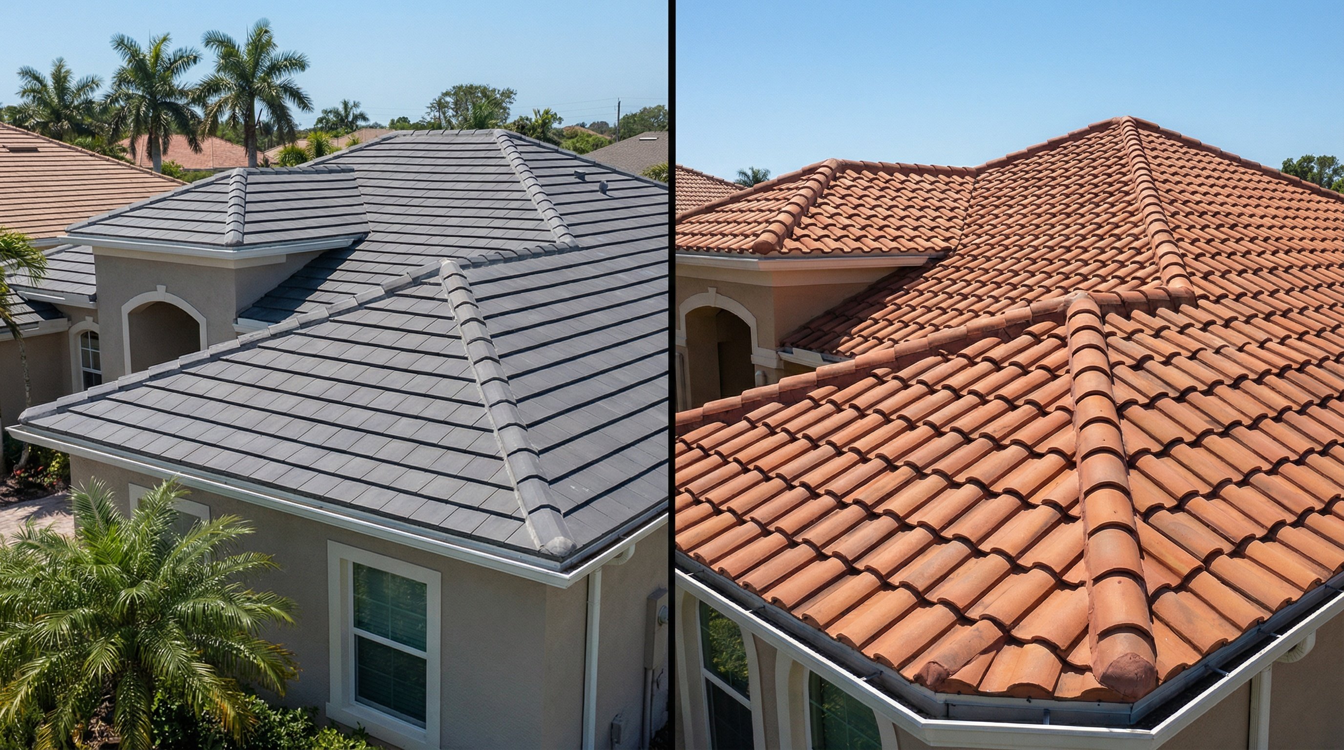 Comparison of flat roofing tiles vs barrel tiles on Florida roof