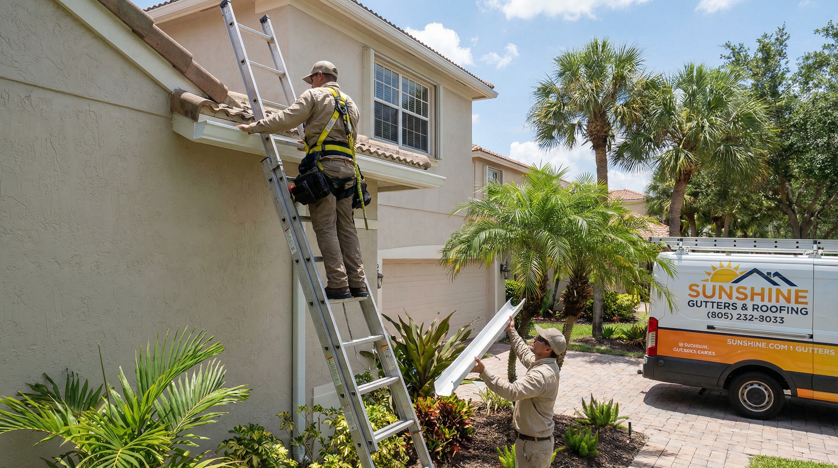 Professional gutter installation process on a Florida home