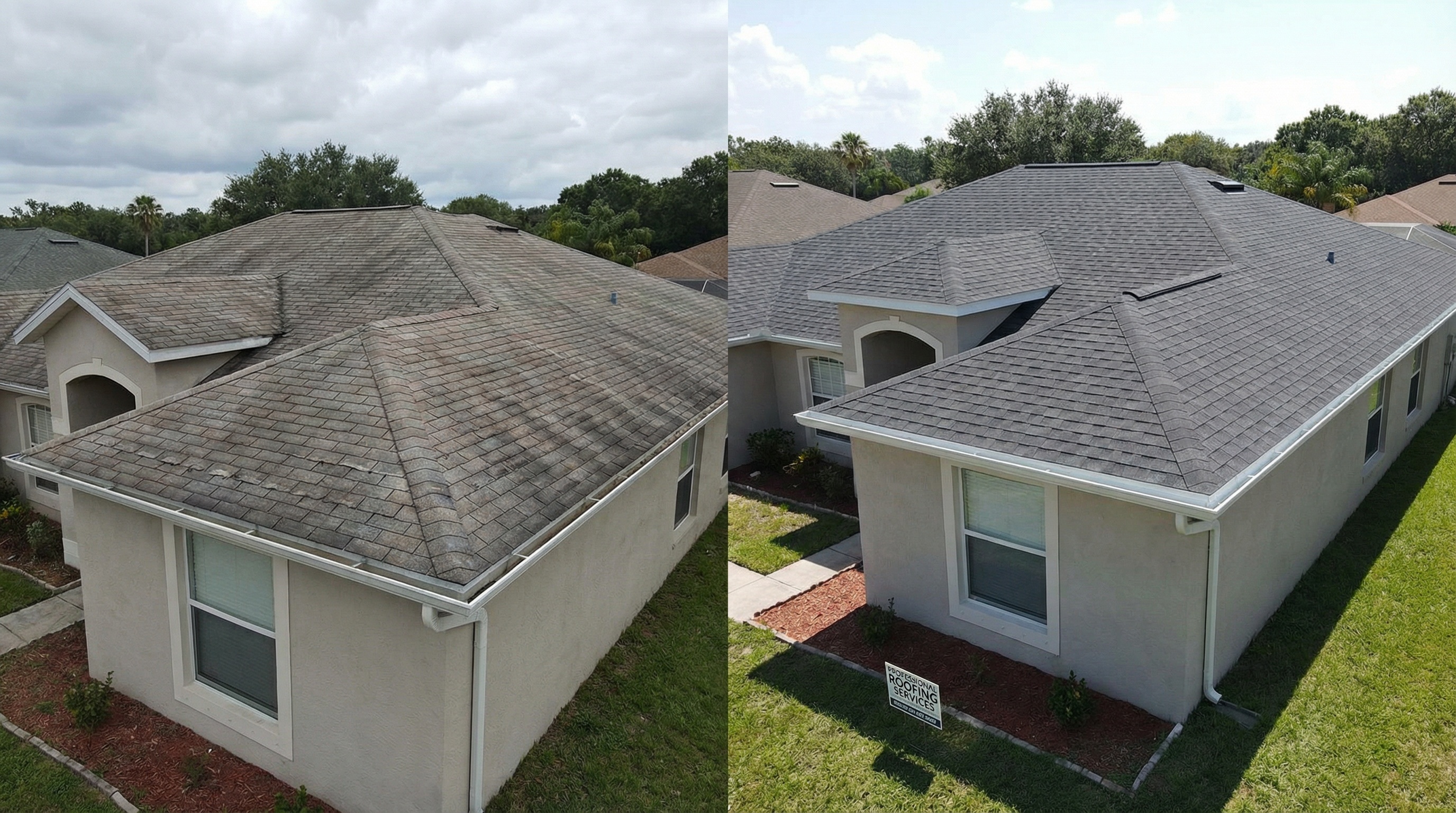 Before and after comparison of Florida home with laminated shingles installation