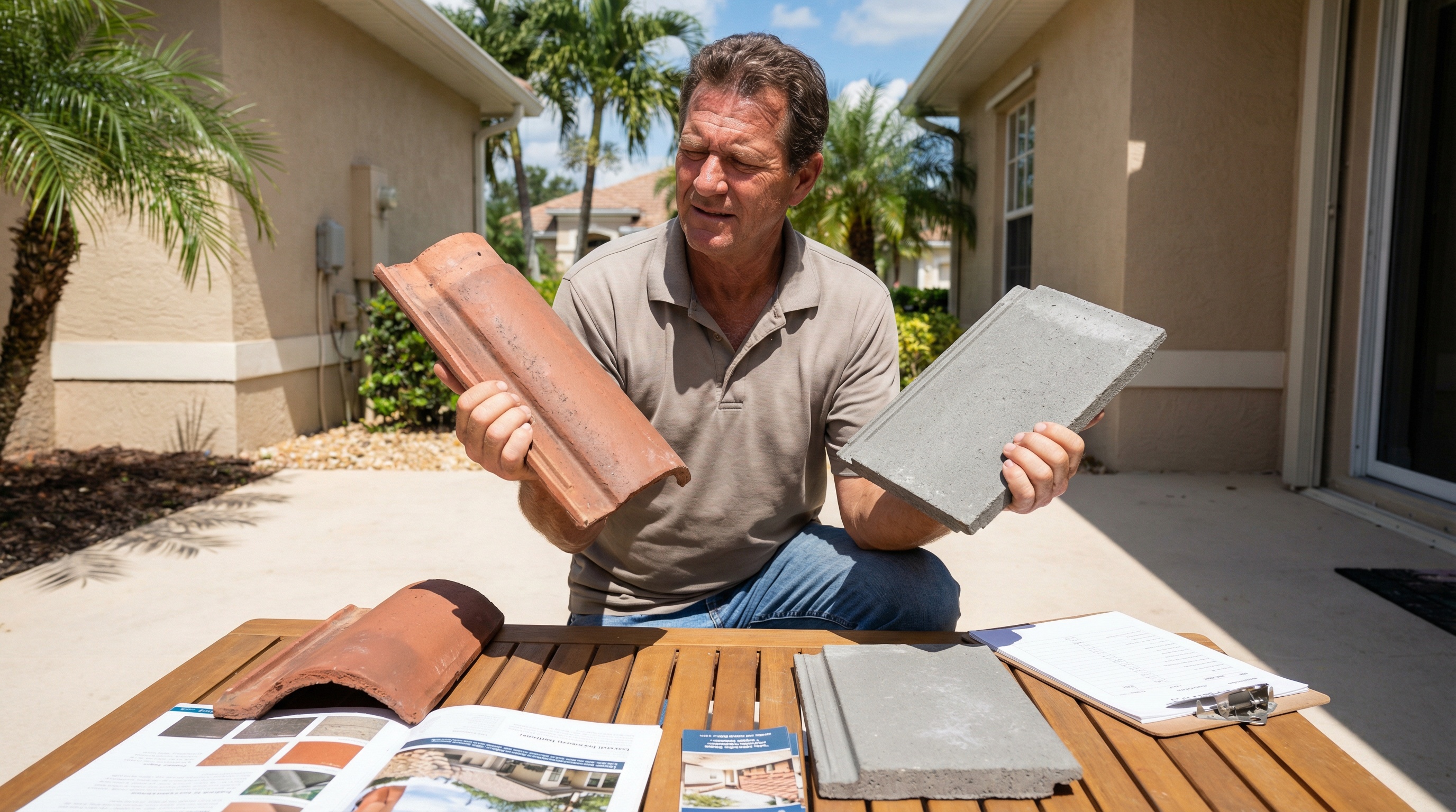 Florida homeowner examining tile roof samples comparing clay and concrete options