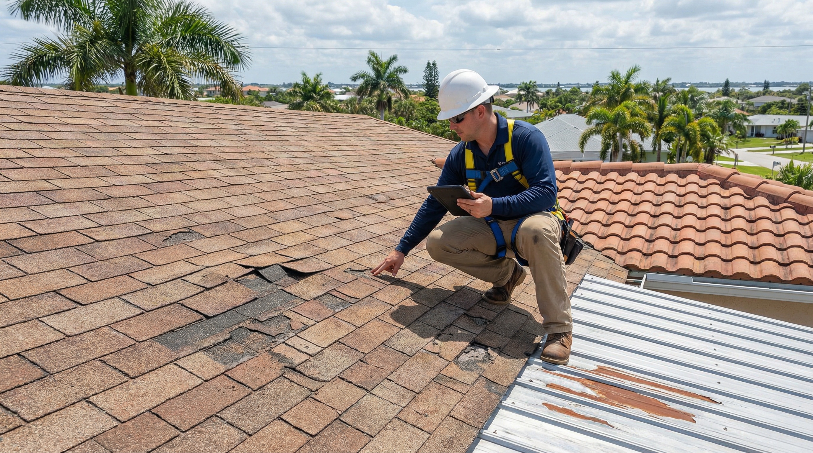 Professional roof inspection showing various shingle damage examples in Florida