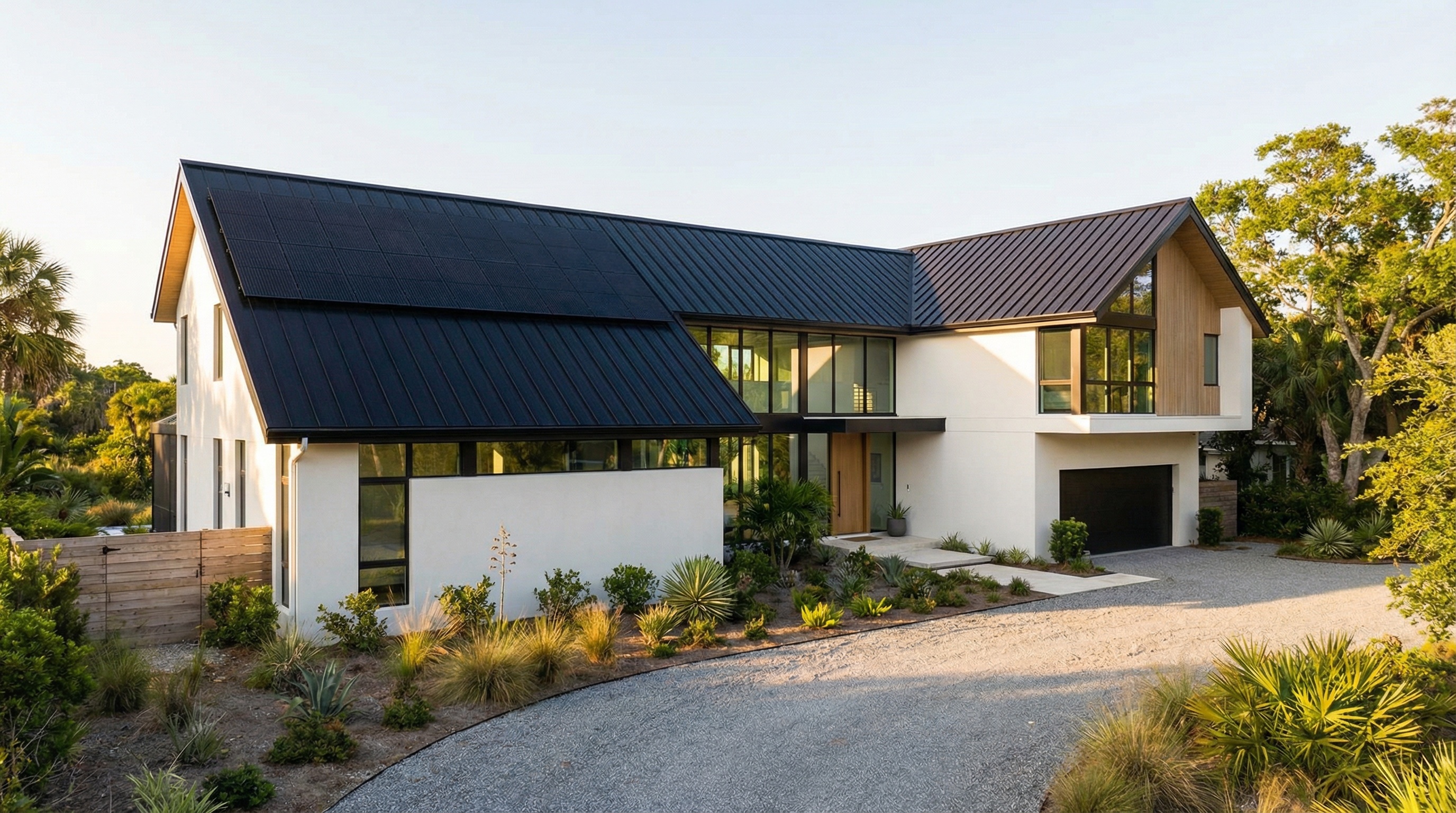 Florida home with black metal roof and energy efficient features
