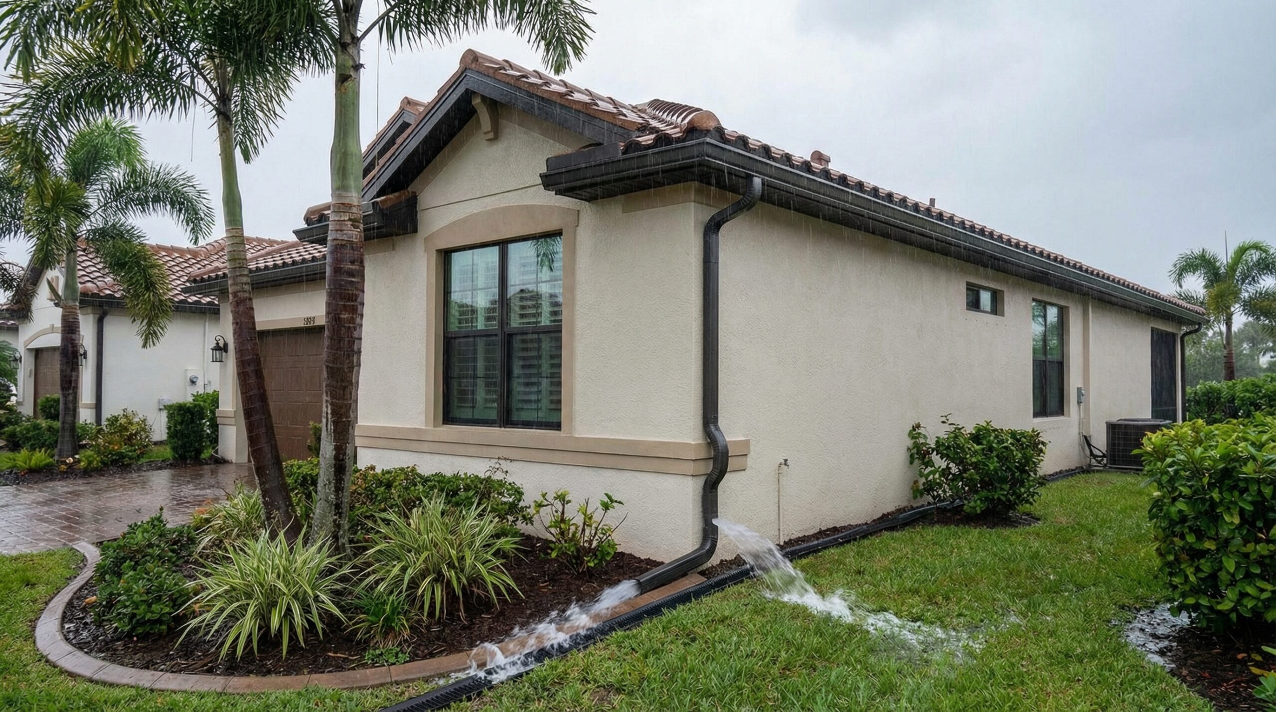 Rain flowing through gutters on a Florida home