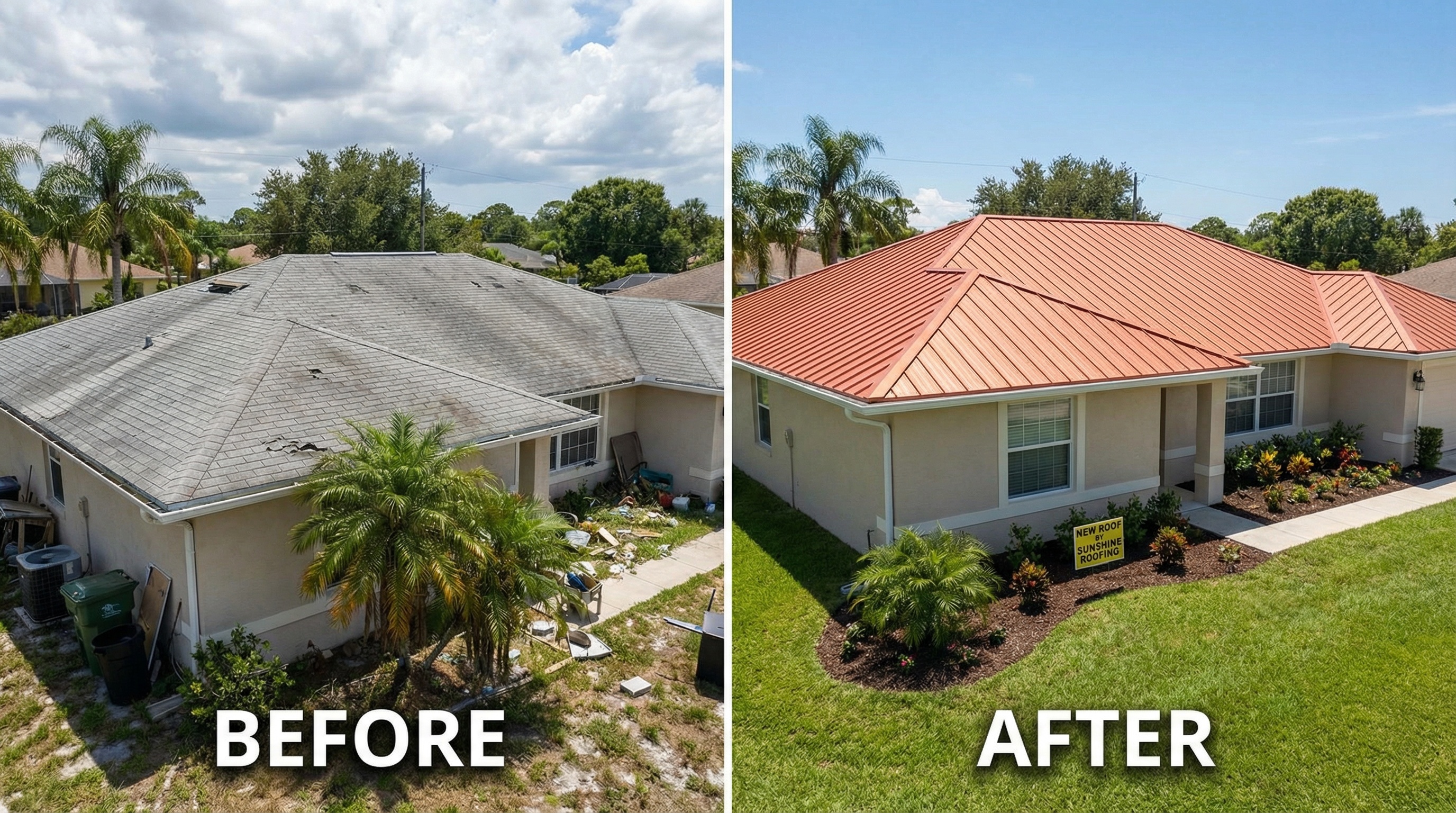 Before and after photos of Florida home with new roof installation