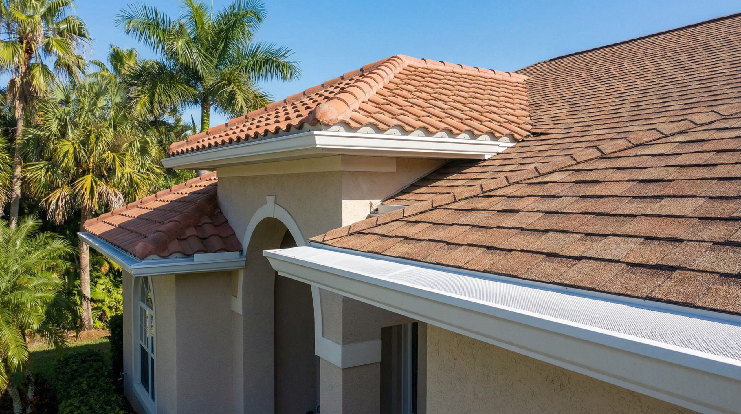 Gutter guards installed on a Florida home surrounded by palm trees