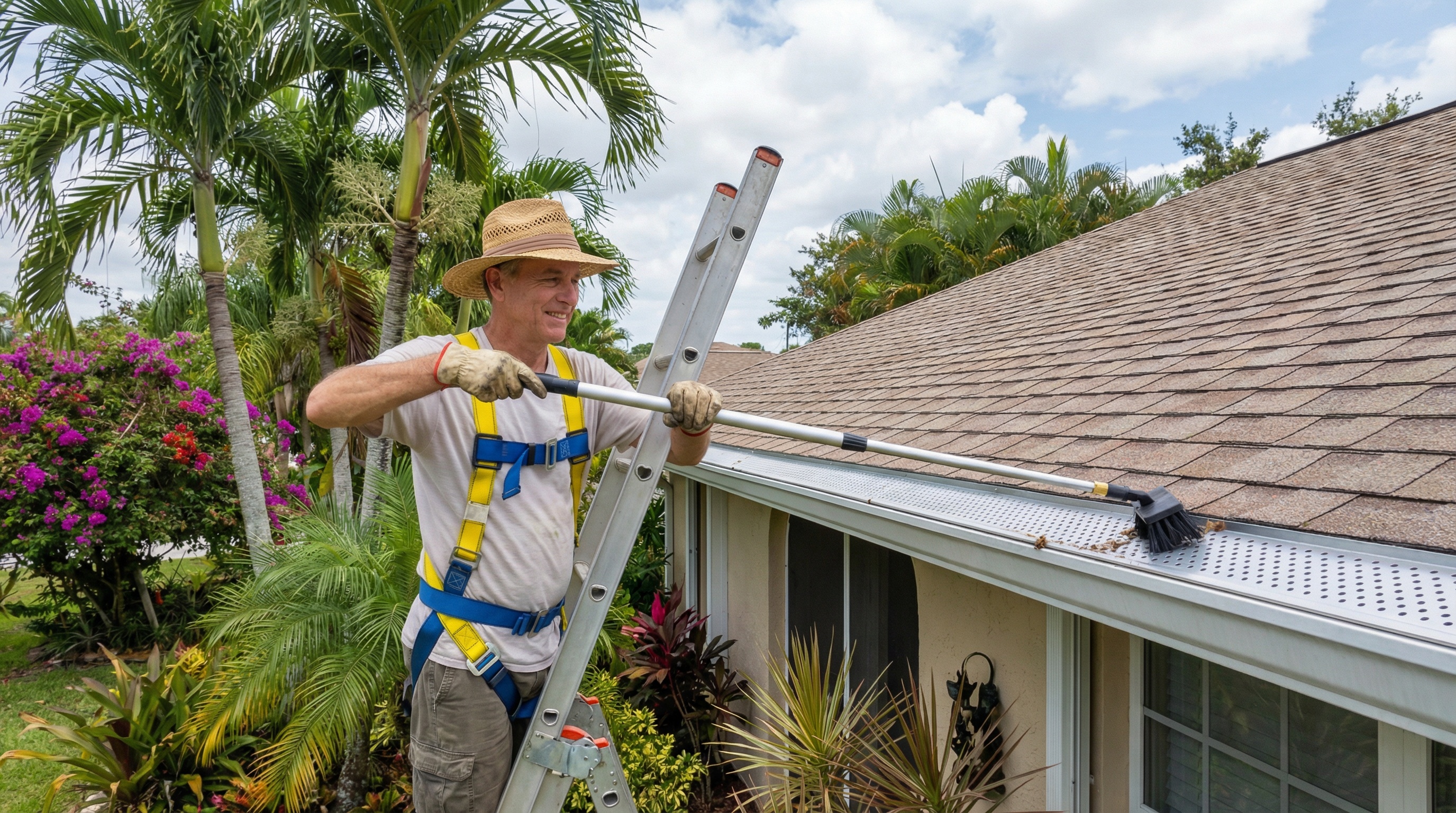 Homeowner cleaning gutters with guards in a Florida setting