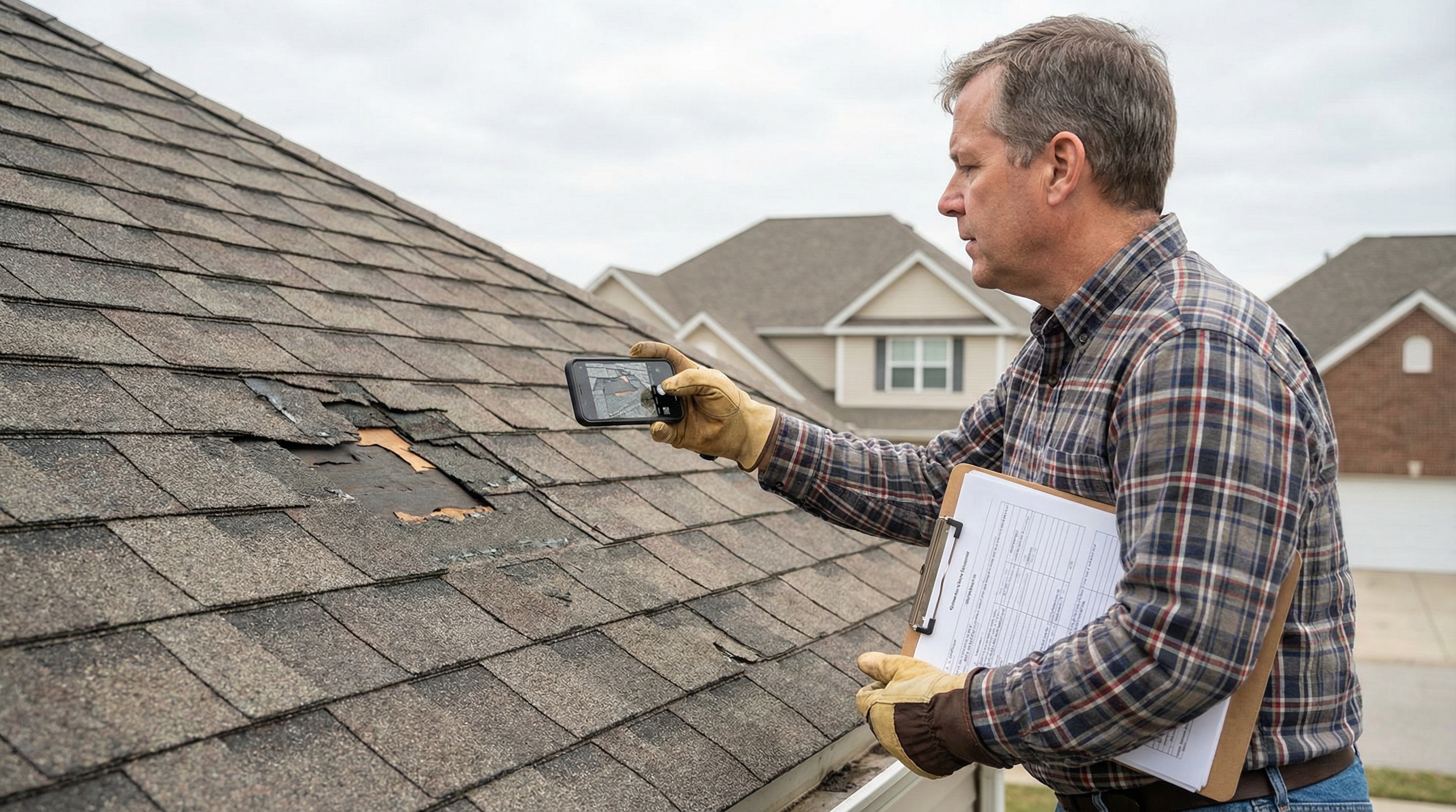 Homeowner documenting roof damage with smartphone for insurance claim