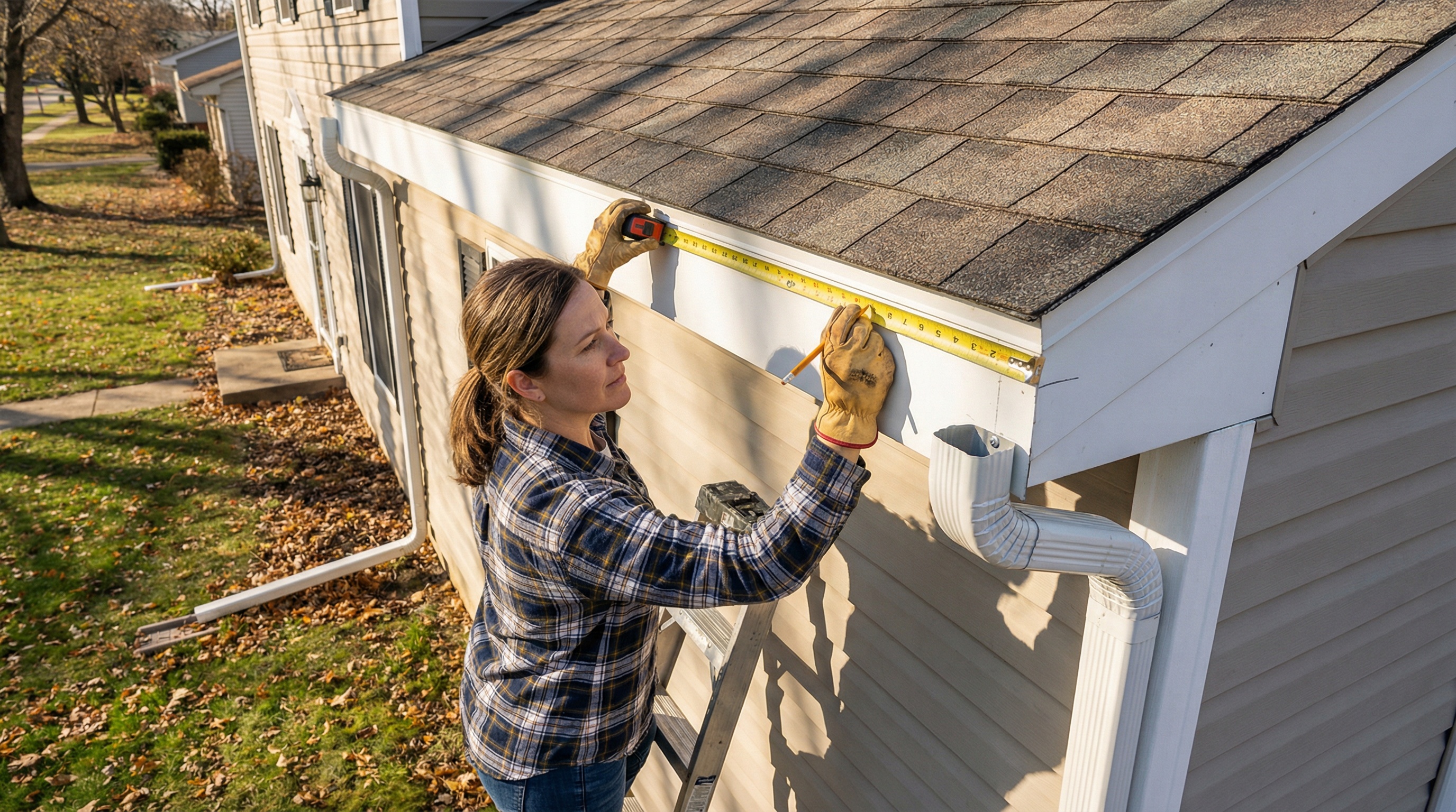 Homeowner measuring roof edge with tape measure and marking downspout locations