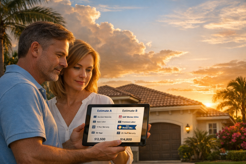 Couple reviewing roofing estimates outdoors.