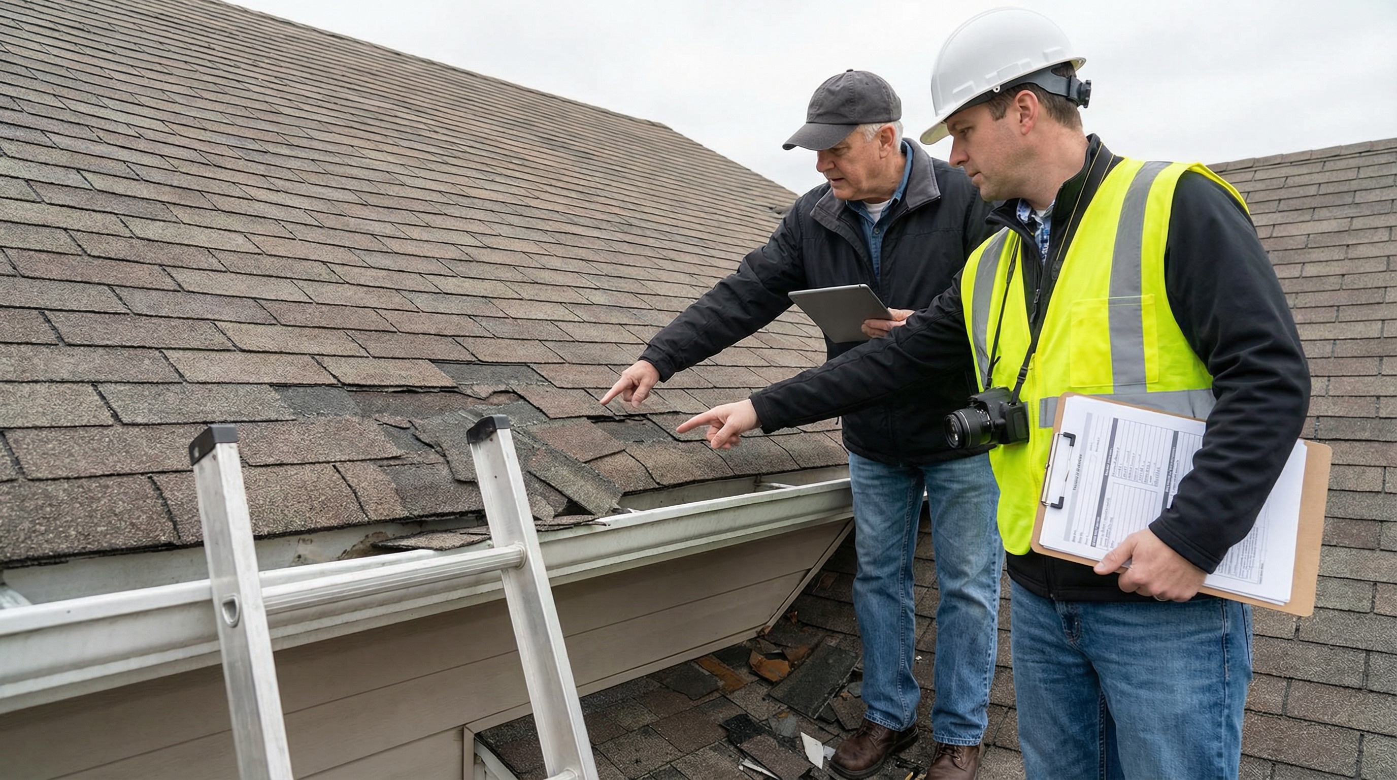 Insurance adjuster and homeowner inspecting storm-damaged roof with documentation paperwork