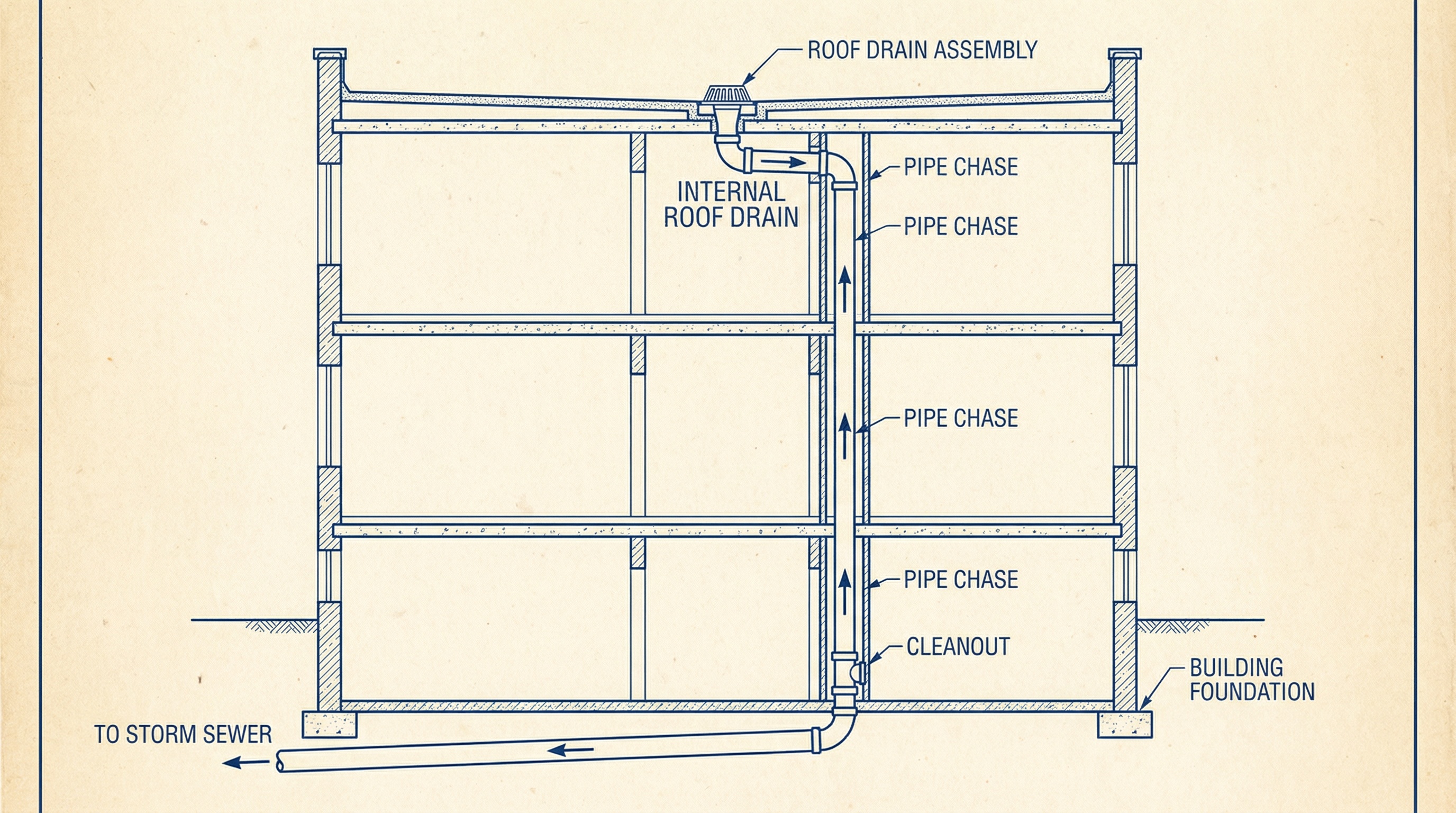 Internal roof drain installation cross section diagram