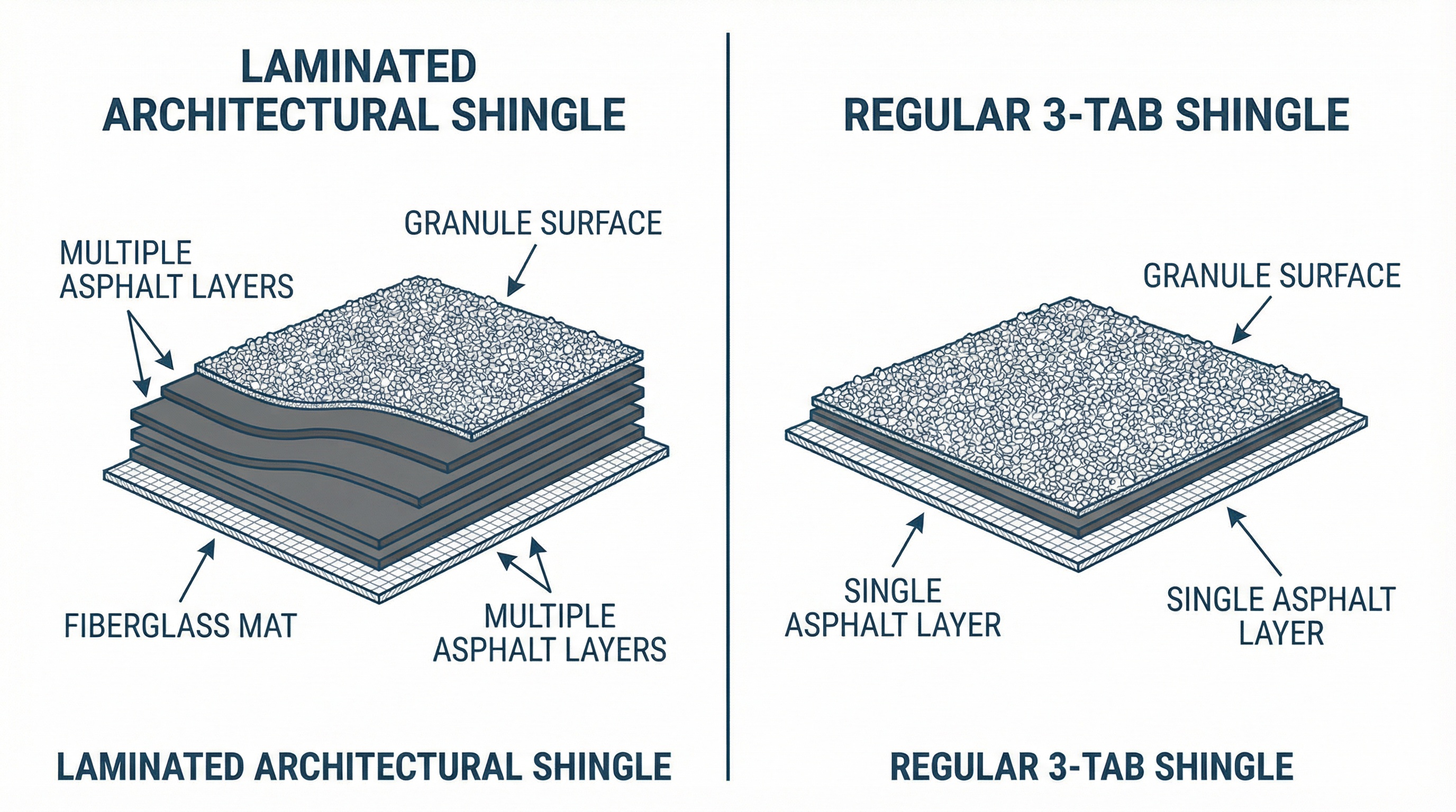 Cross-section diagram showing laminated vs regular shingle construction