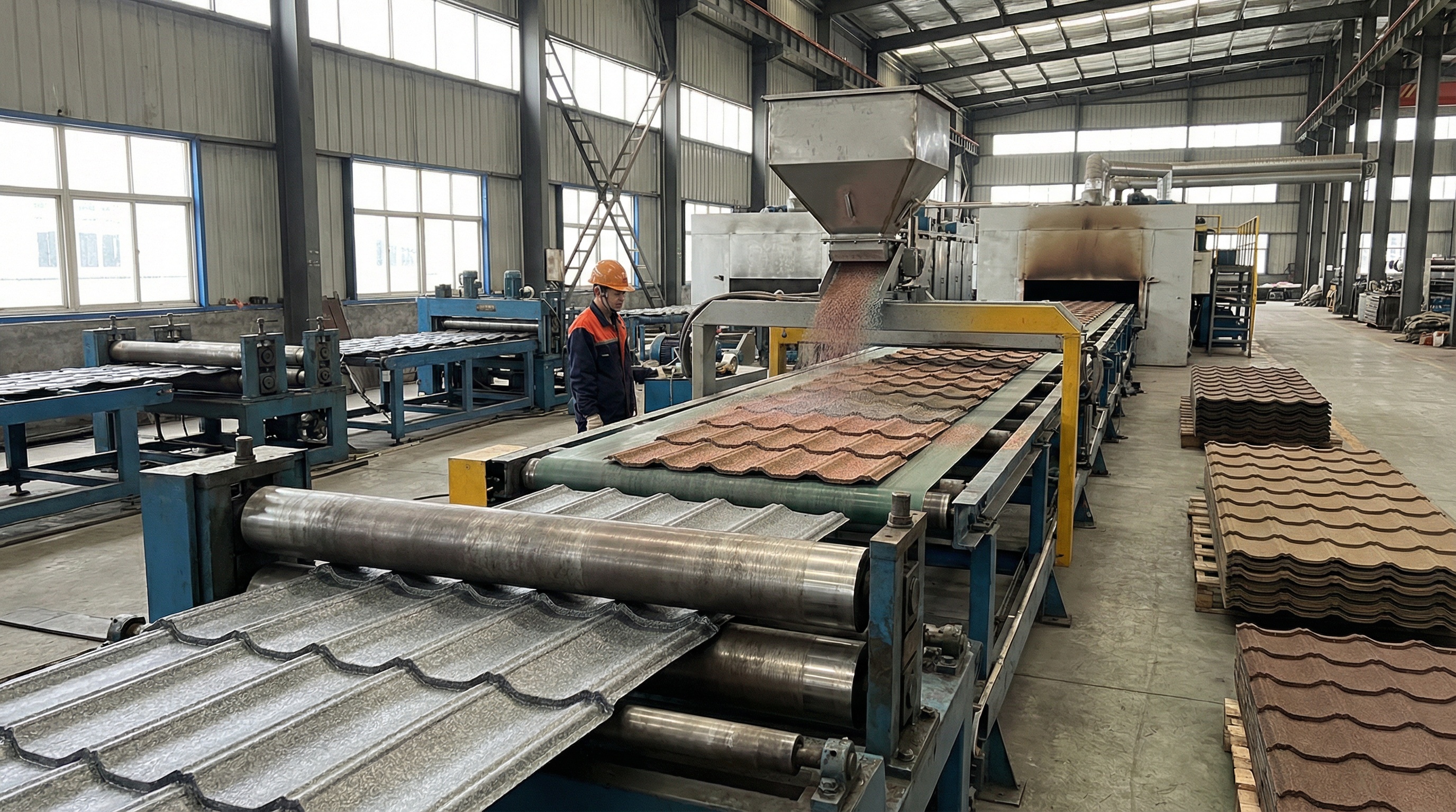 Metal tile roof manufacturing process with stone coated steel