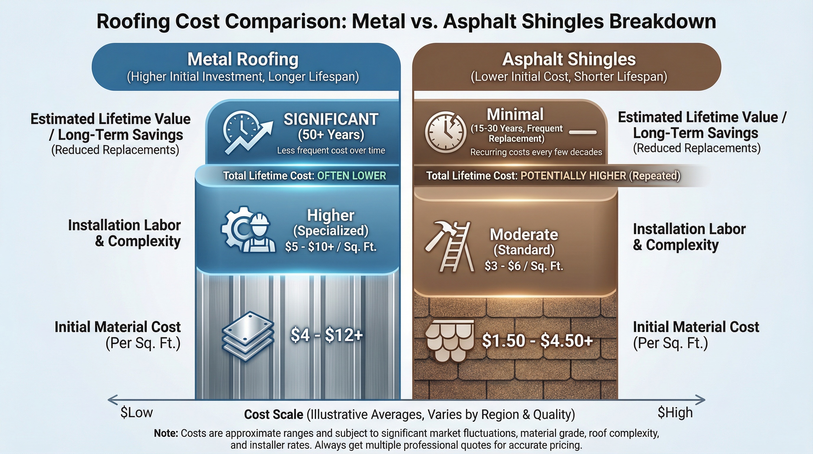 cost comparison chart showing metal vs shingles pricing breakdown
