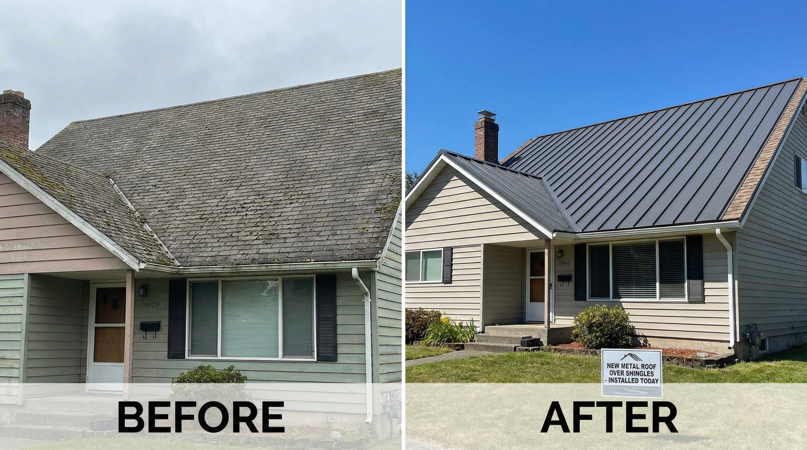 Before and after comparison showing a home with new metal roof installed over old shingles