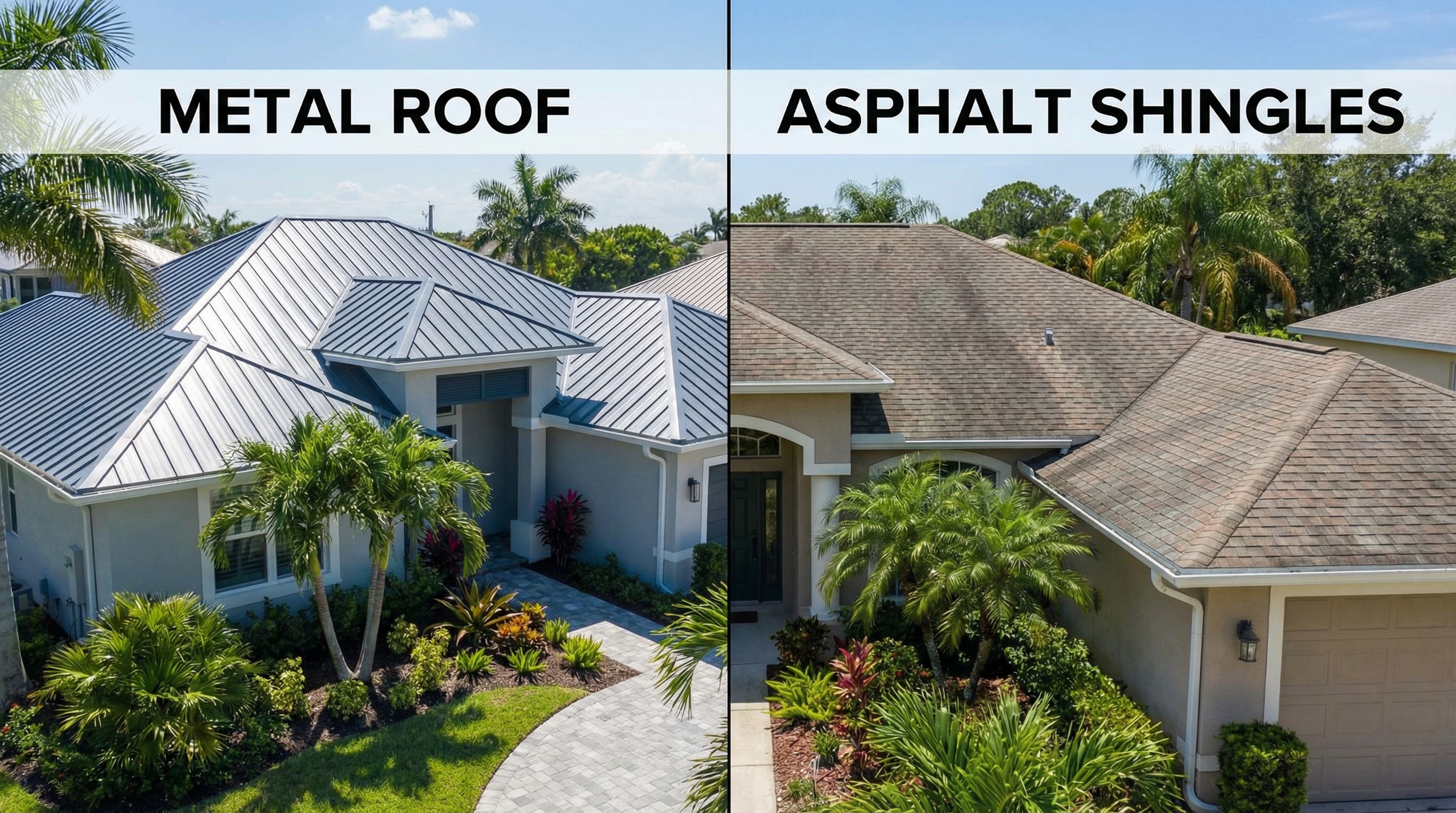 Side-by-side comparison of metal shingles vs traditional asphalt on Florida homes