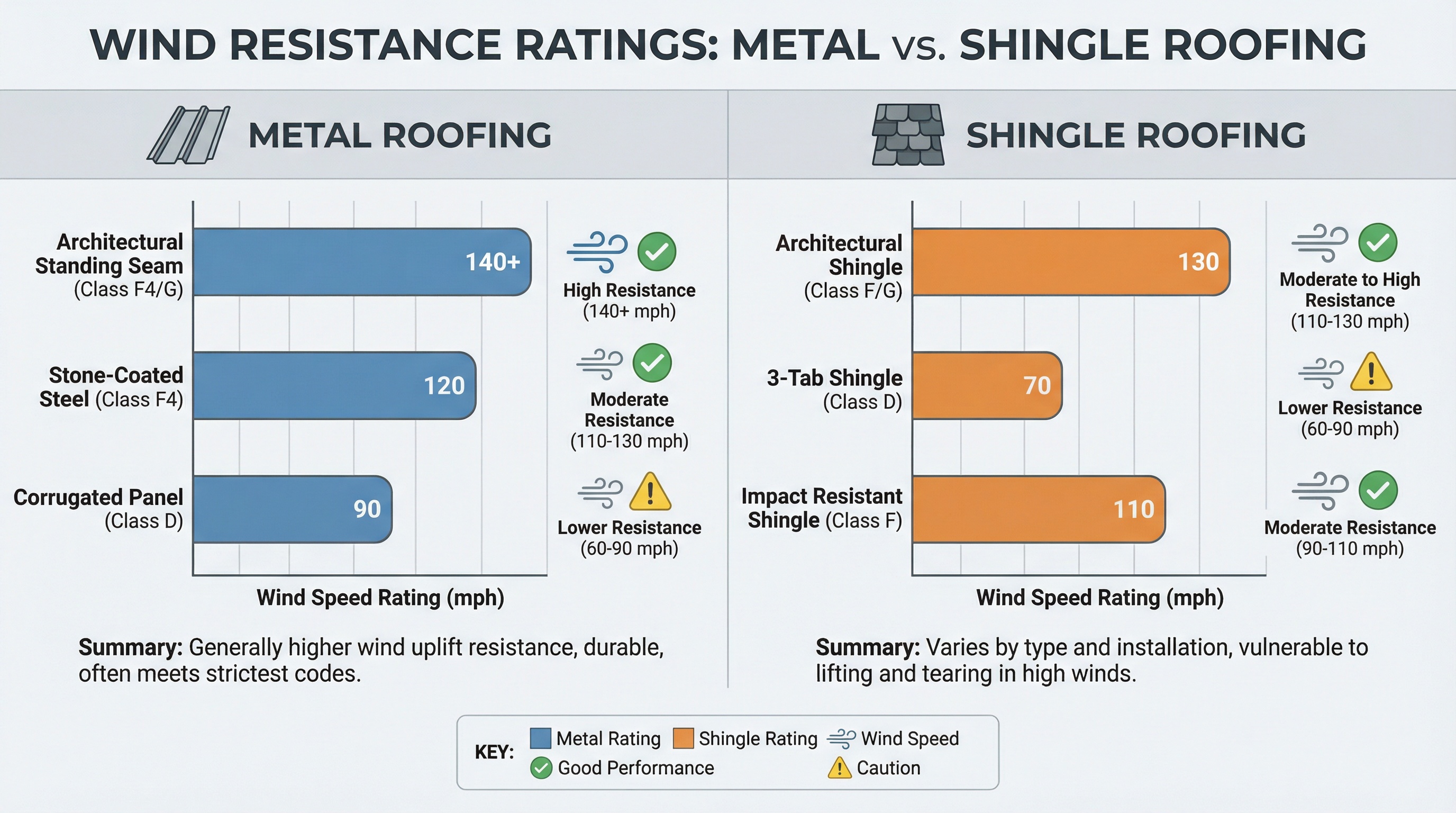 Comparison chart of metal vs shingle wind resistance in Florida