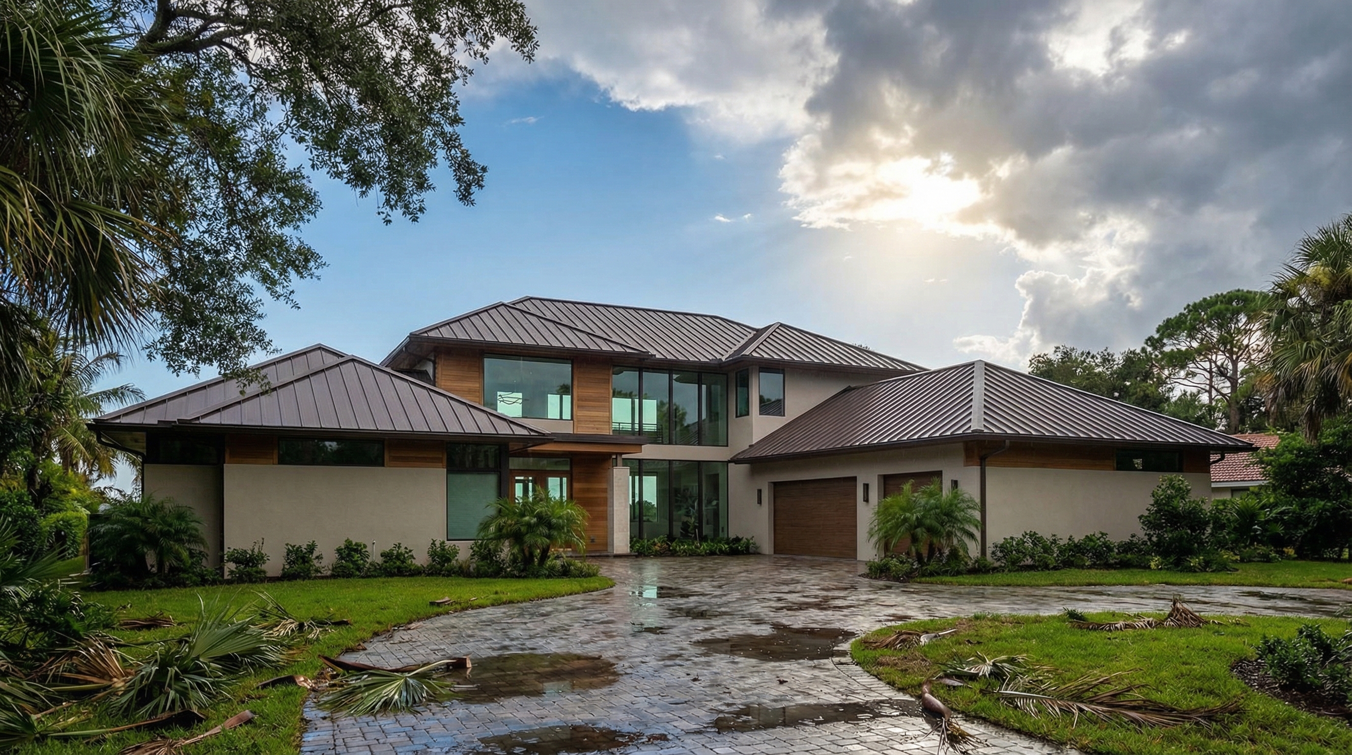 Modern home with standing seam metal roof after storm